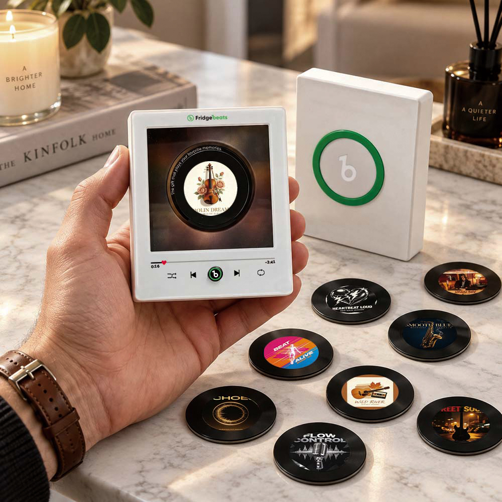 Personalized Photo & Music Vinyl Fridge Magnet with Rotating Record– Custom Records with Dynamic LED Light Fridgebeats V6.0