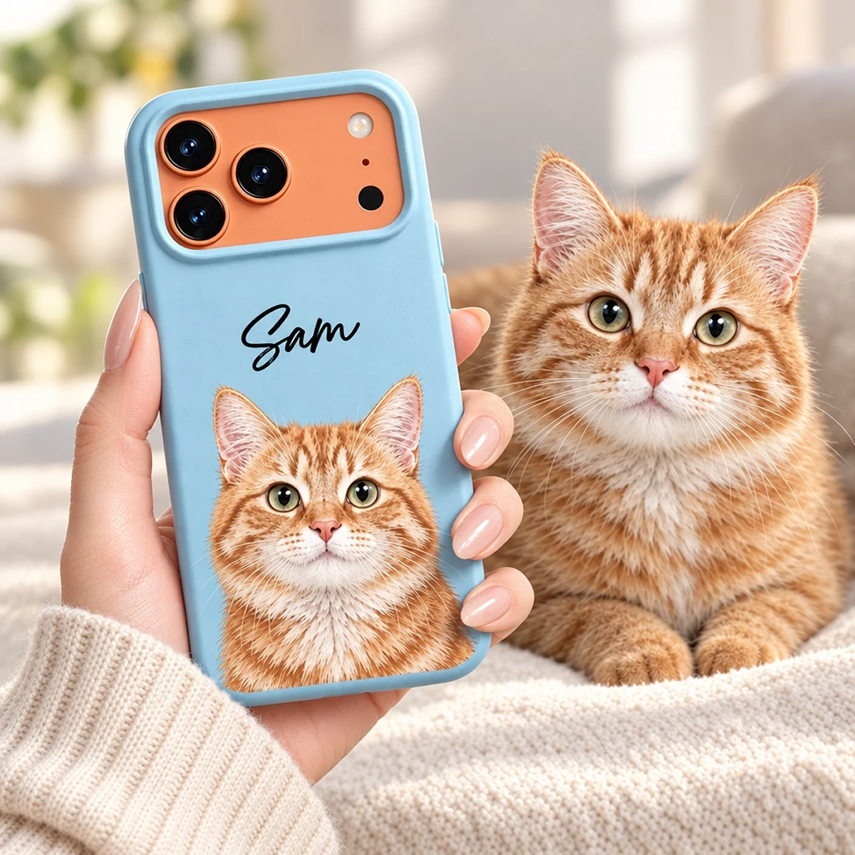 Customer holding pastel blue Custom Cat Portrait iPhone Case beside an adorable real ginger tabby cat indoors