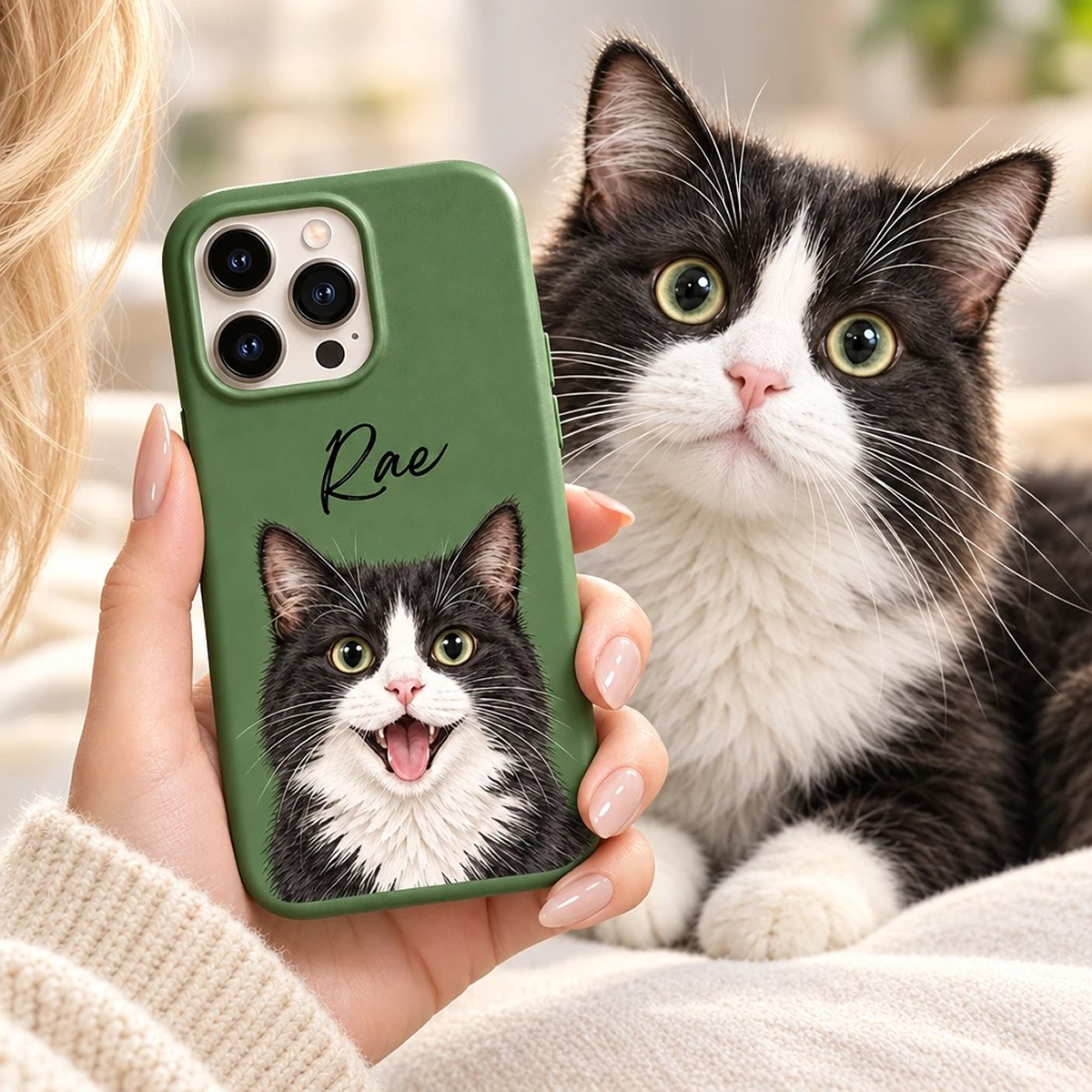 Holding sage green Custom Cat Portrait iPhone Case featuring name Rae next to an adorable real tuxedo cat indoors