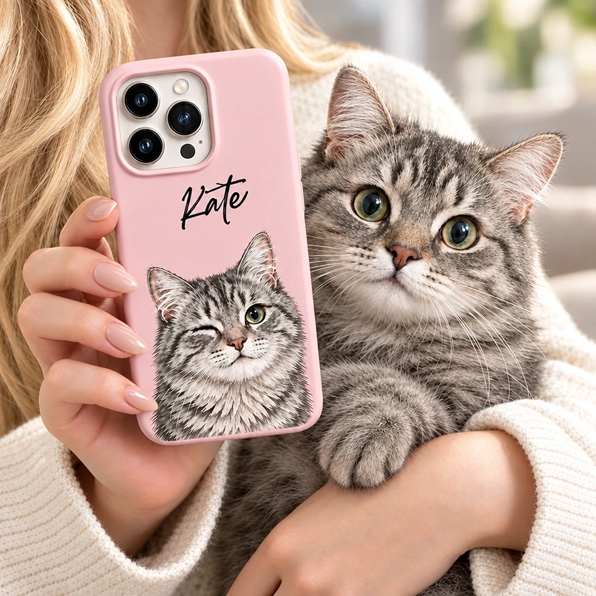 Holding blush pink Custom Cat Portrait iPhone Case personalized with Kate beside a real curious silver tabby cat