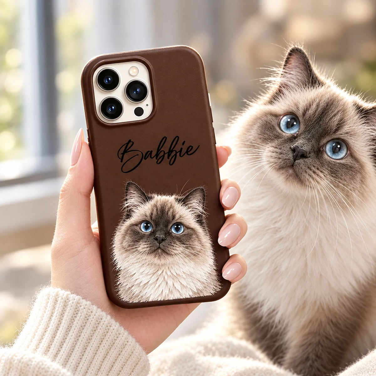 Holding mocha brown Custom Cat Portrait iPhone Case personalized with Babbie beside a stunning real seal point cat