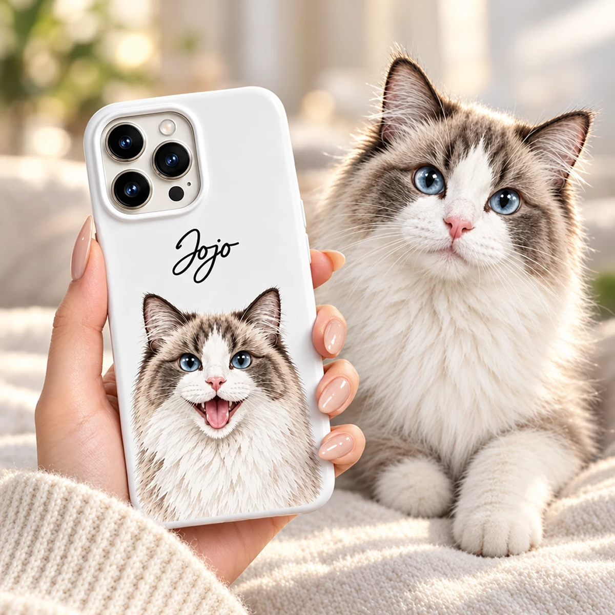 Lifestyle scene holding personalized Custom Cat Portrait iPhone Case next to real fluffy Ragdoll cat on cozy blanket