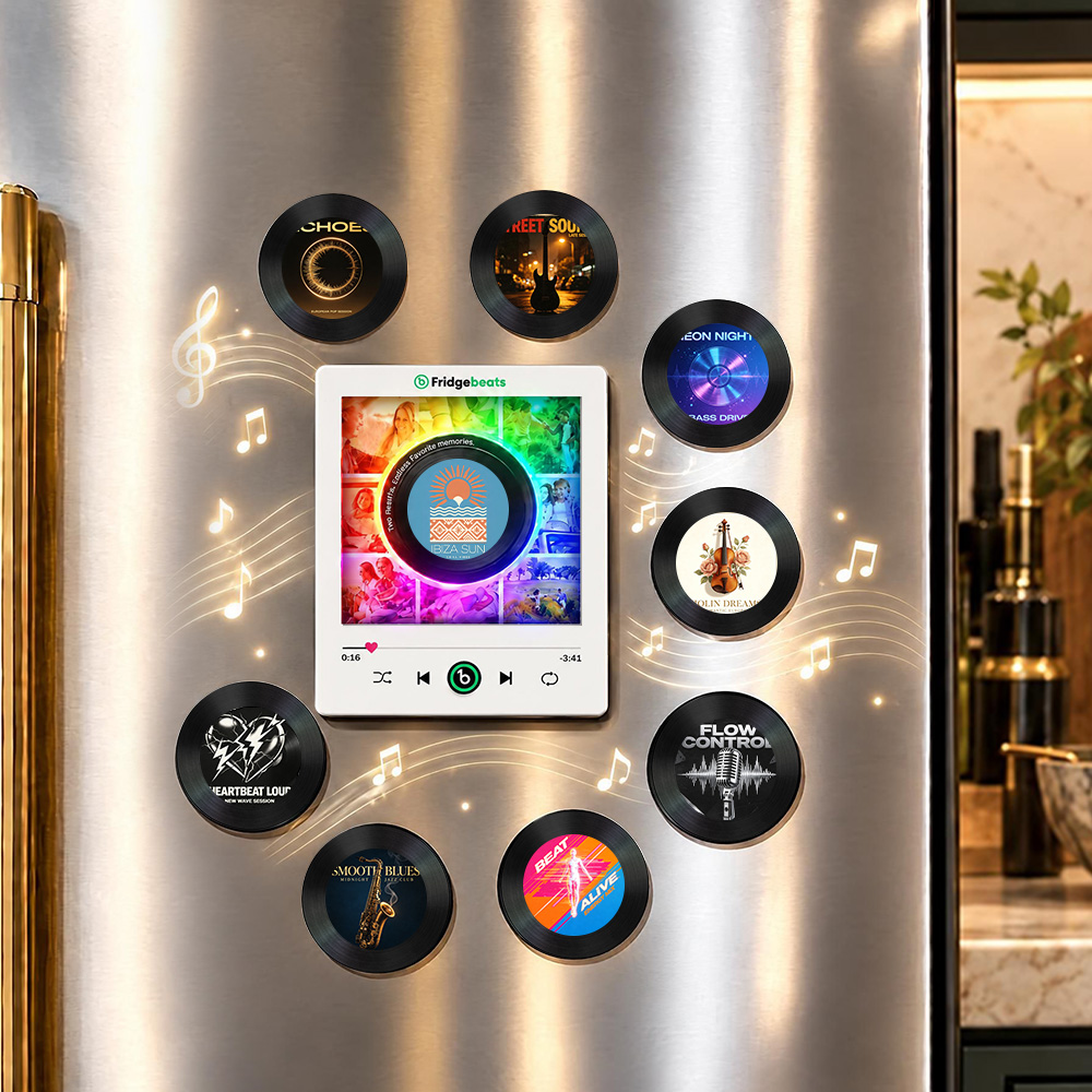 Personalized Photo & Music Vinyl Fridge Magnet with Rotating Record– Custom Records with Dynamic LED Light Fridgebeats V6.0