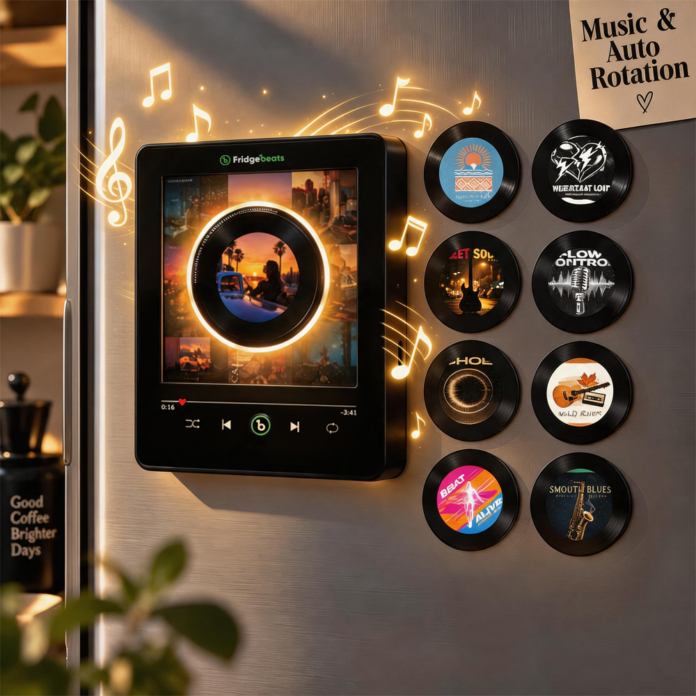 Personalized Photo & Music Vinyl Fridge Magnet with Rotating Record– Custom Records with Dynamic LED Light Fridgebeats V6.0