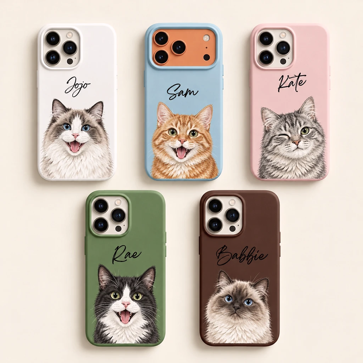 Collection of 5 Custom Cat Portrait iPhone Cases in white, blue, pink, green, and brown with personalized cat breeds