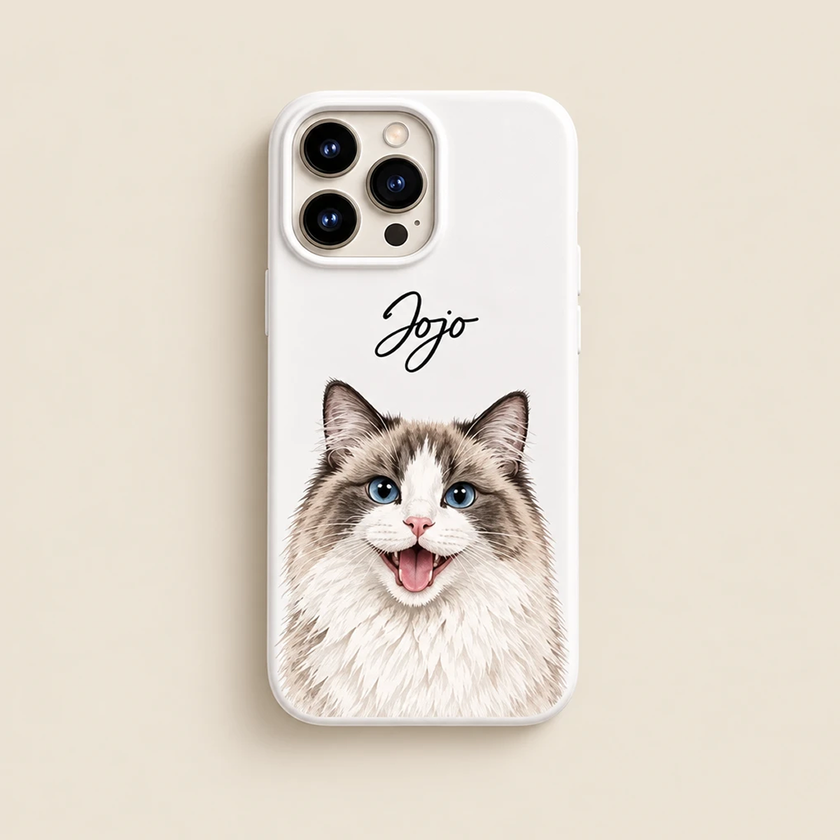 Custom Cat Portrait iPhone Case in white featuring smiling Ragdoll illustration and personalized script name Jojo