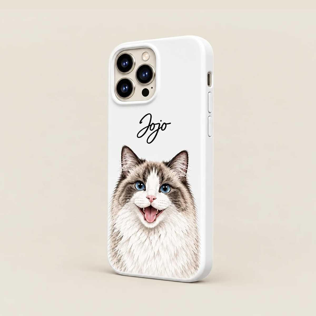 Angled side view of white Custom Cat Portrait iPhone Case showing raised camera bezel and slim shockproof profile