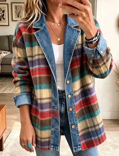 Vintage Elegant Denim Patchwork Plaid Jacket