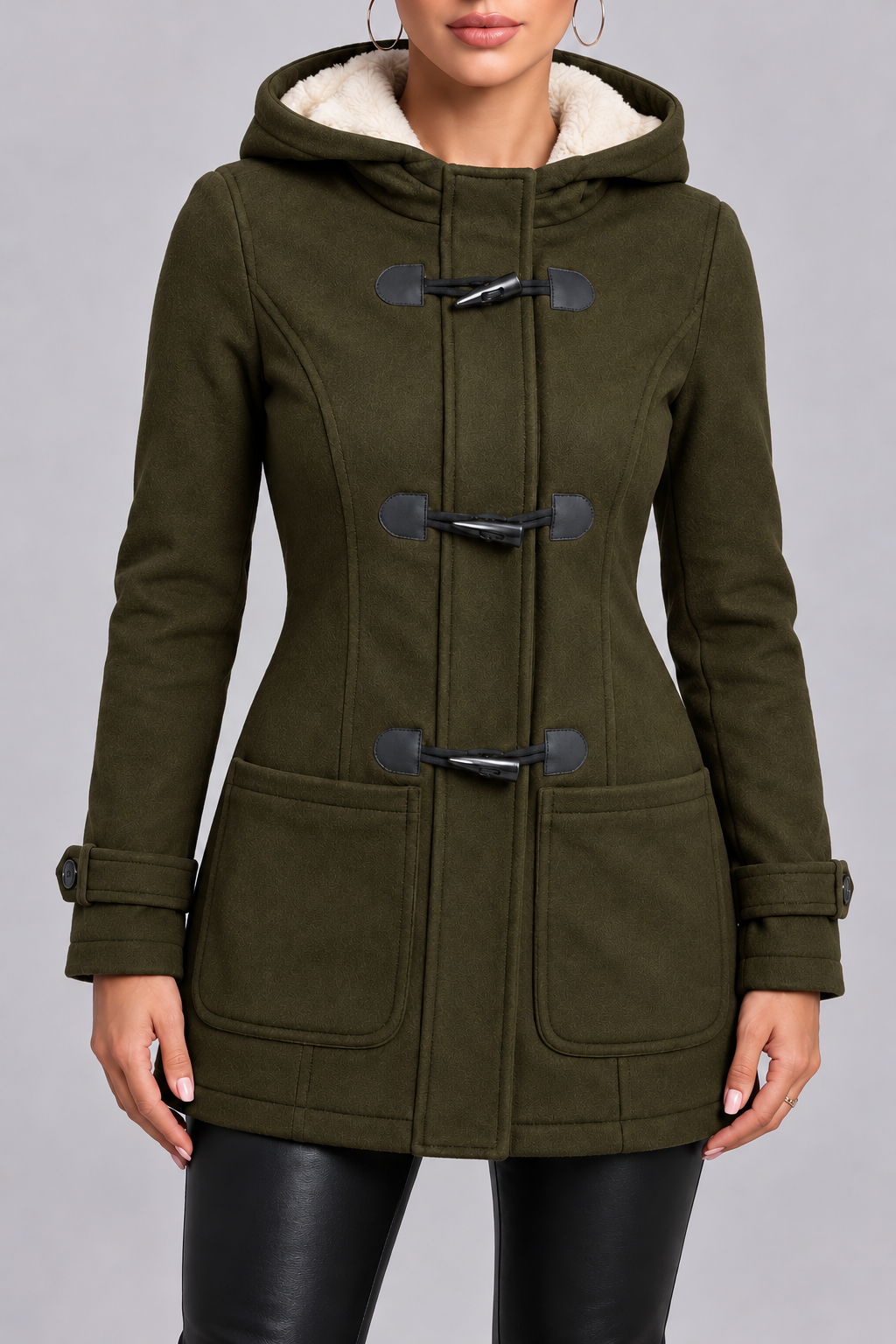 Women’s Hooded Duffle Coat with Plush Hood Lining and Toggle Closures