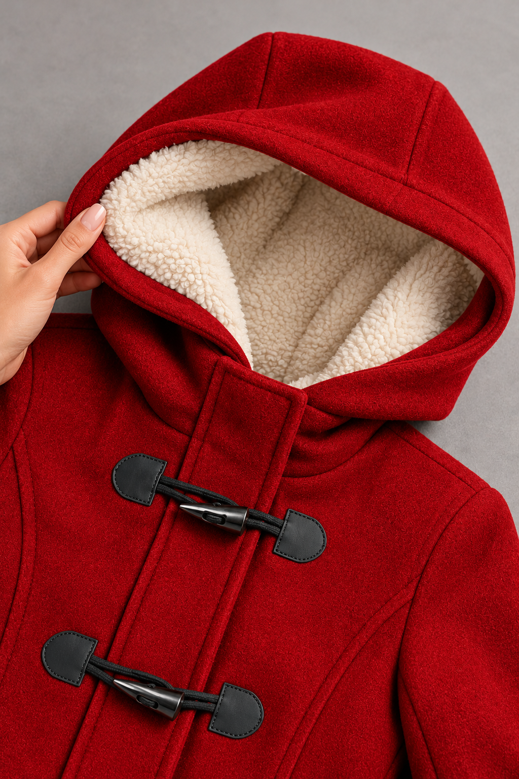 Women’s Hooded Duffle Coat with Plush Hood Lining and Toggle Closures