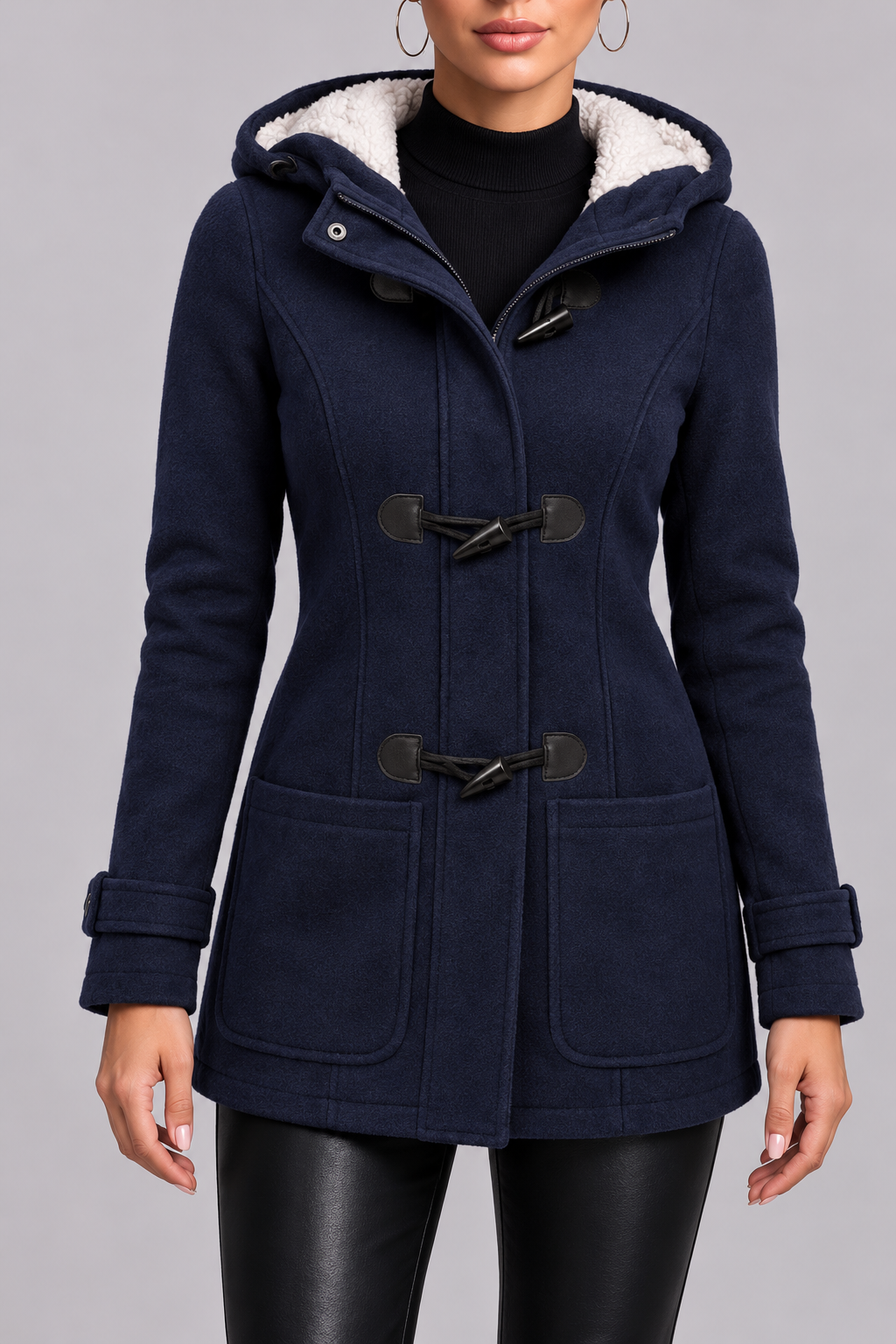 Women’s Hooded Duffle Coat with Plush Hood Lining and Toggle Closures
