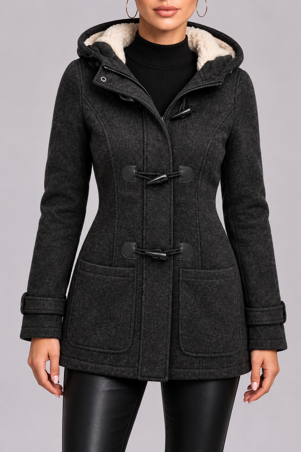 Women’s Hooded Duffle Coat with Plush Hood Lining and Toggle Closures