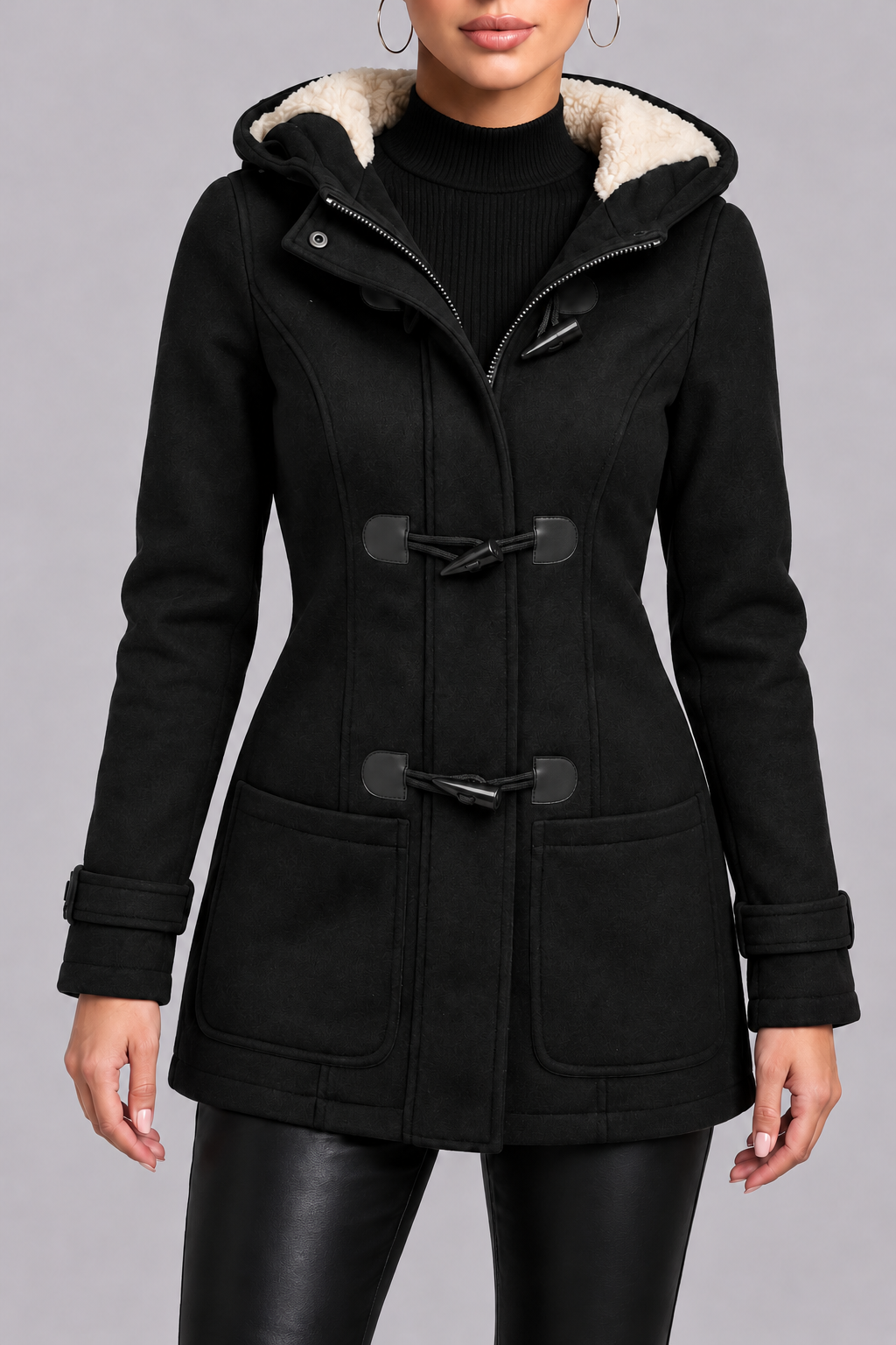 Women’s Hooded Duffle Coat with Plush Hood Lining and Toggle Closures
