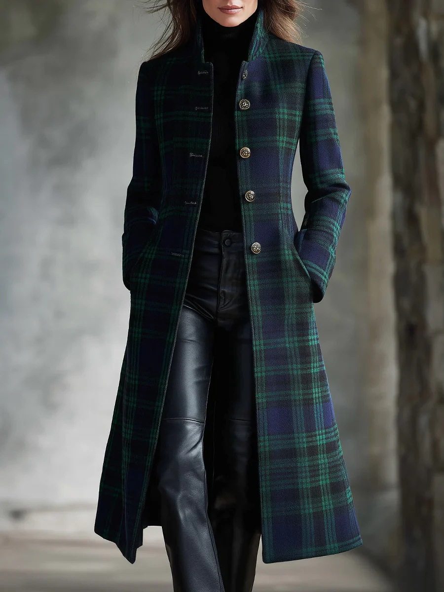 Women’s Plaid Longline Coat with Stand Collar and Gold-Tone Buttons