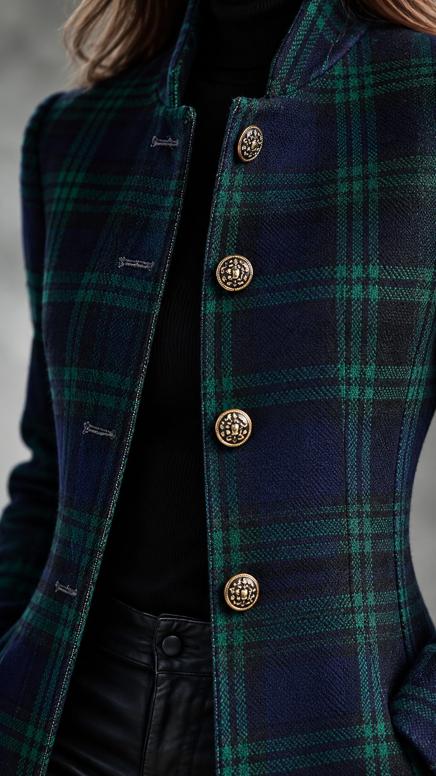 Women’s Plaid Longline Coat with Stand Collar and Gold-Tone Buttons