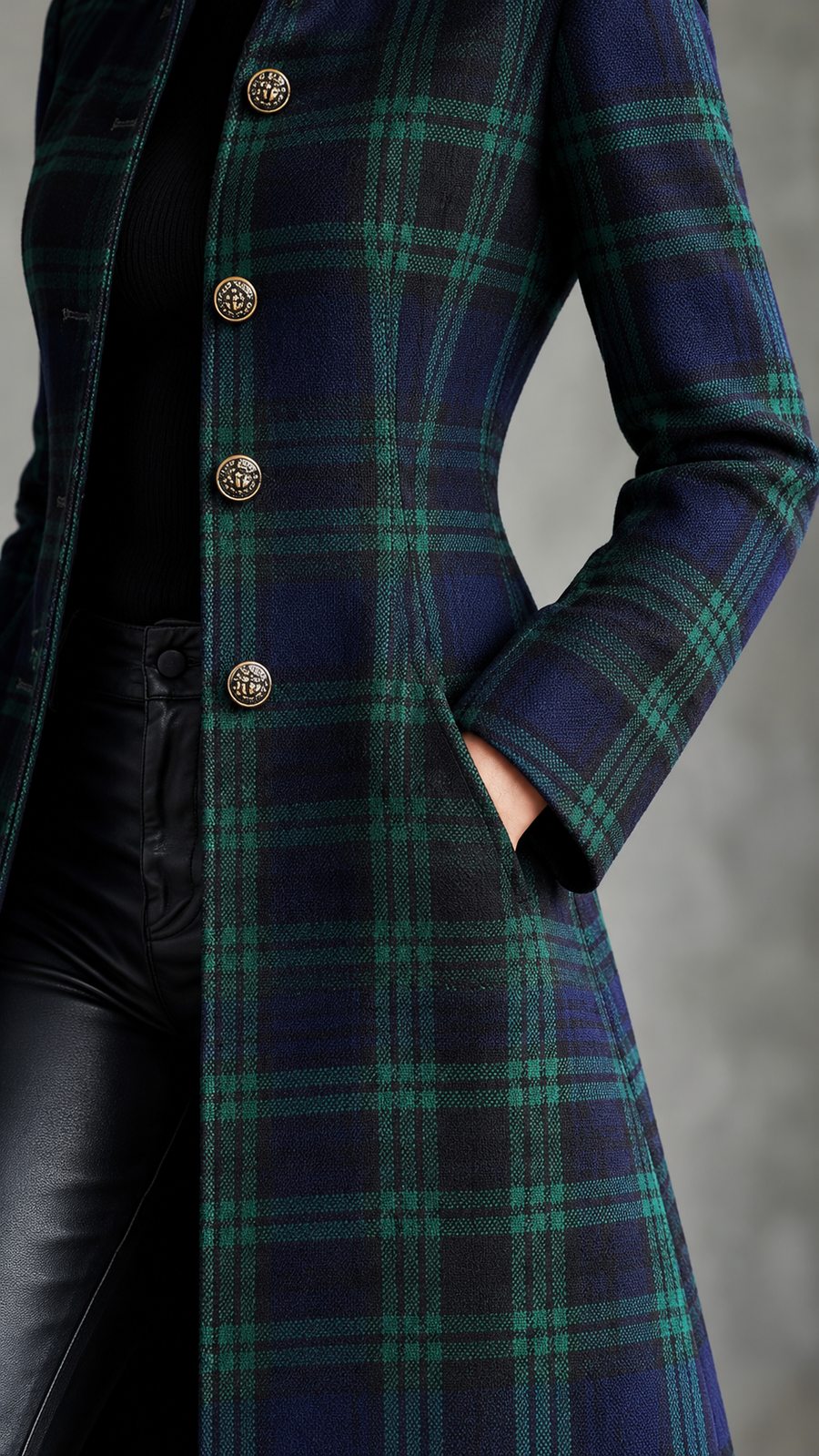Women’s Plaid Longline Coat with Stand Collar and Gold-Tone Buttons