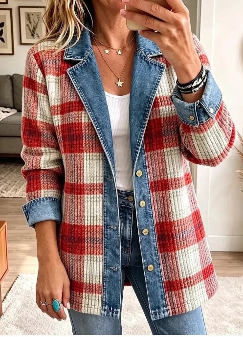 Vintage Elegant Denim Patchwork Plaid Jacket
