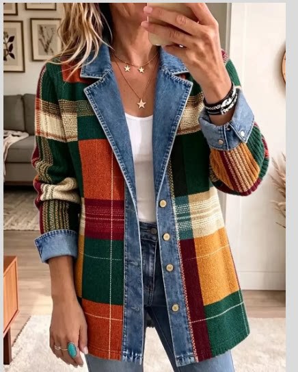 Vintage Elegant Denim Patchwork Plaid Jacket