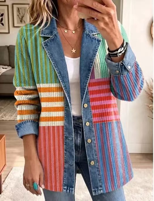 Vintage Elegant Denim Patchwork Plaid Jacket