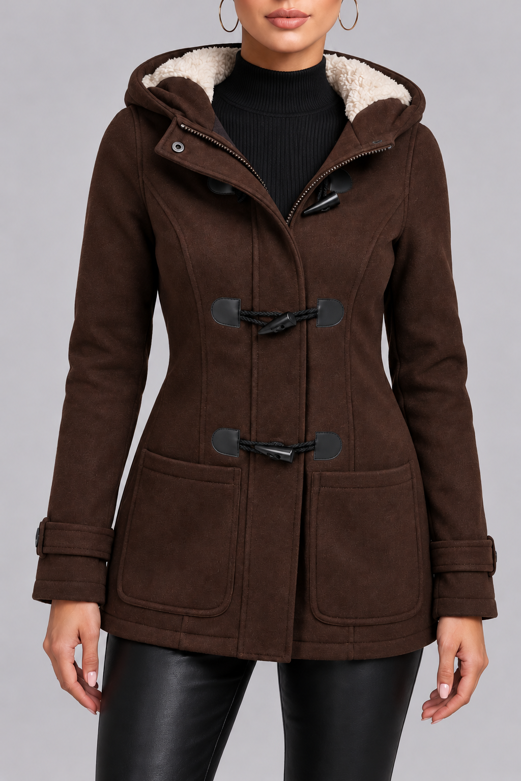 Women’s Hooded Duffle Coat with Plush Hood Lining and Toggle Closures