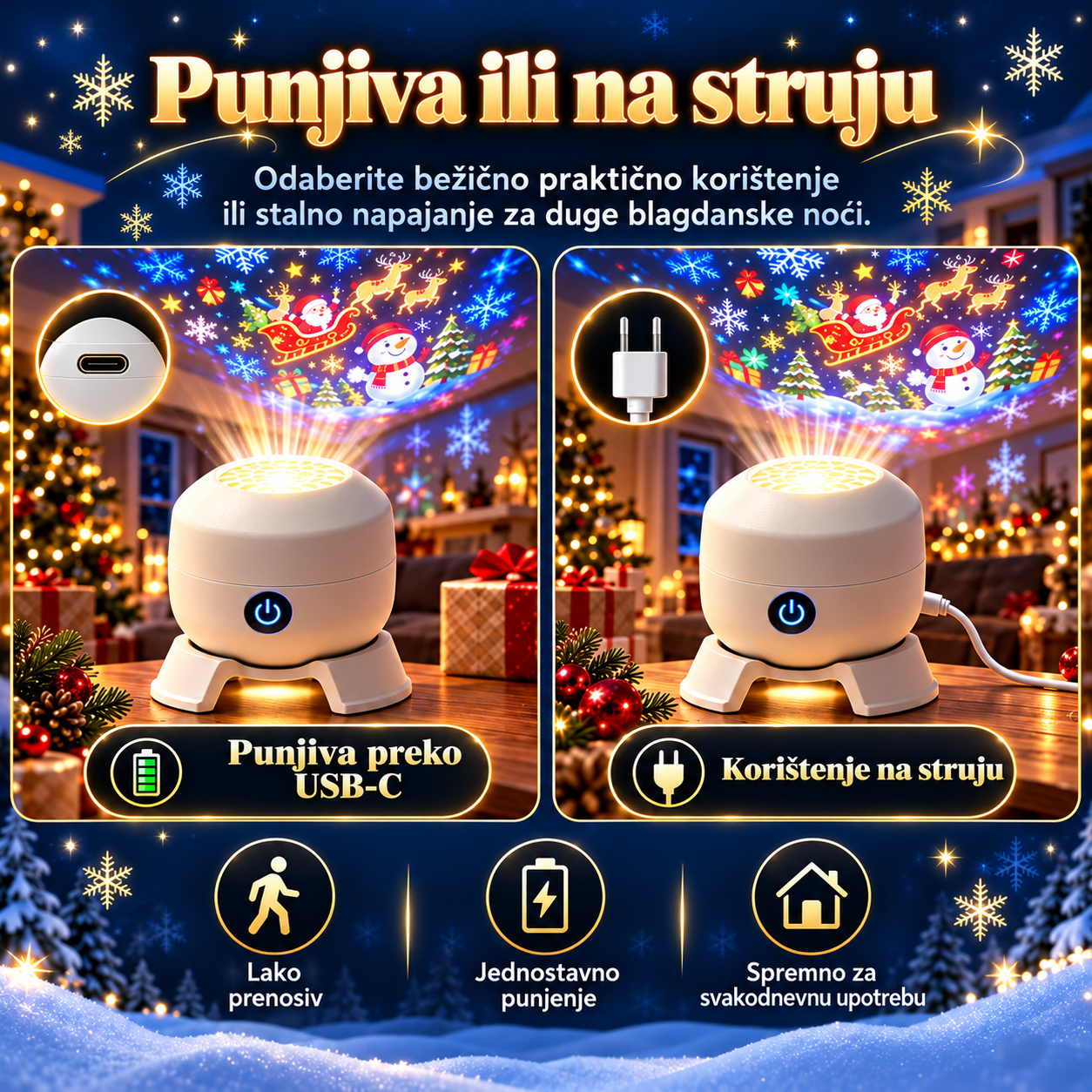 ✨ Božićna rotirajuća projekcijska svjetiljka – 8 blagdanskih prizora 🎄