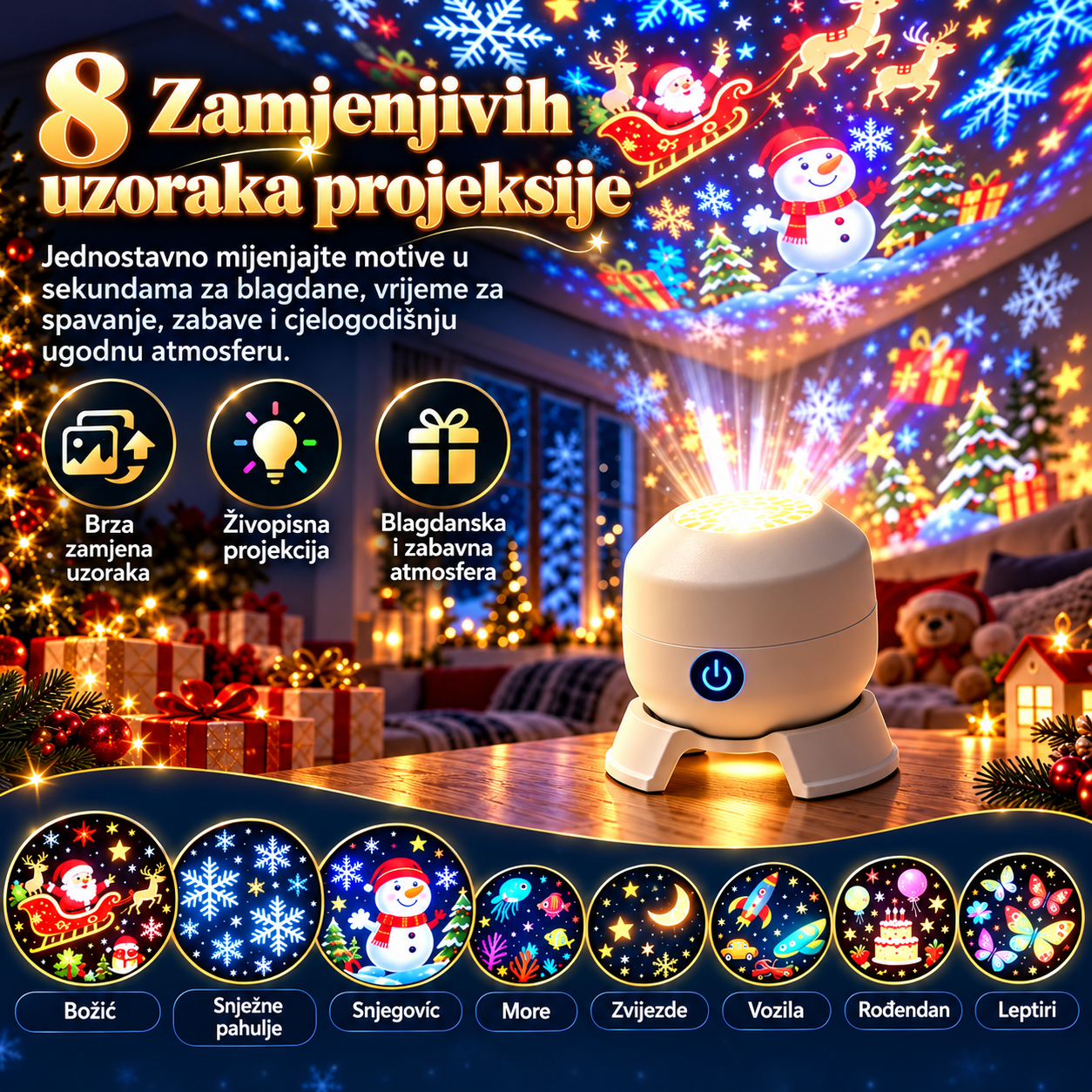 ✨ Božićna rotirajuća projekcijska svjetiljka – 8 blagdanskih prizora 🎄