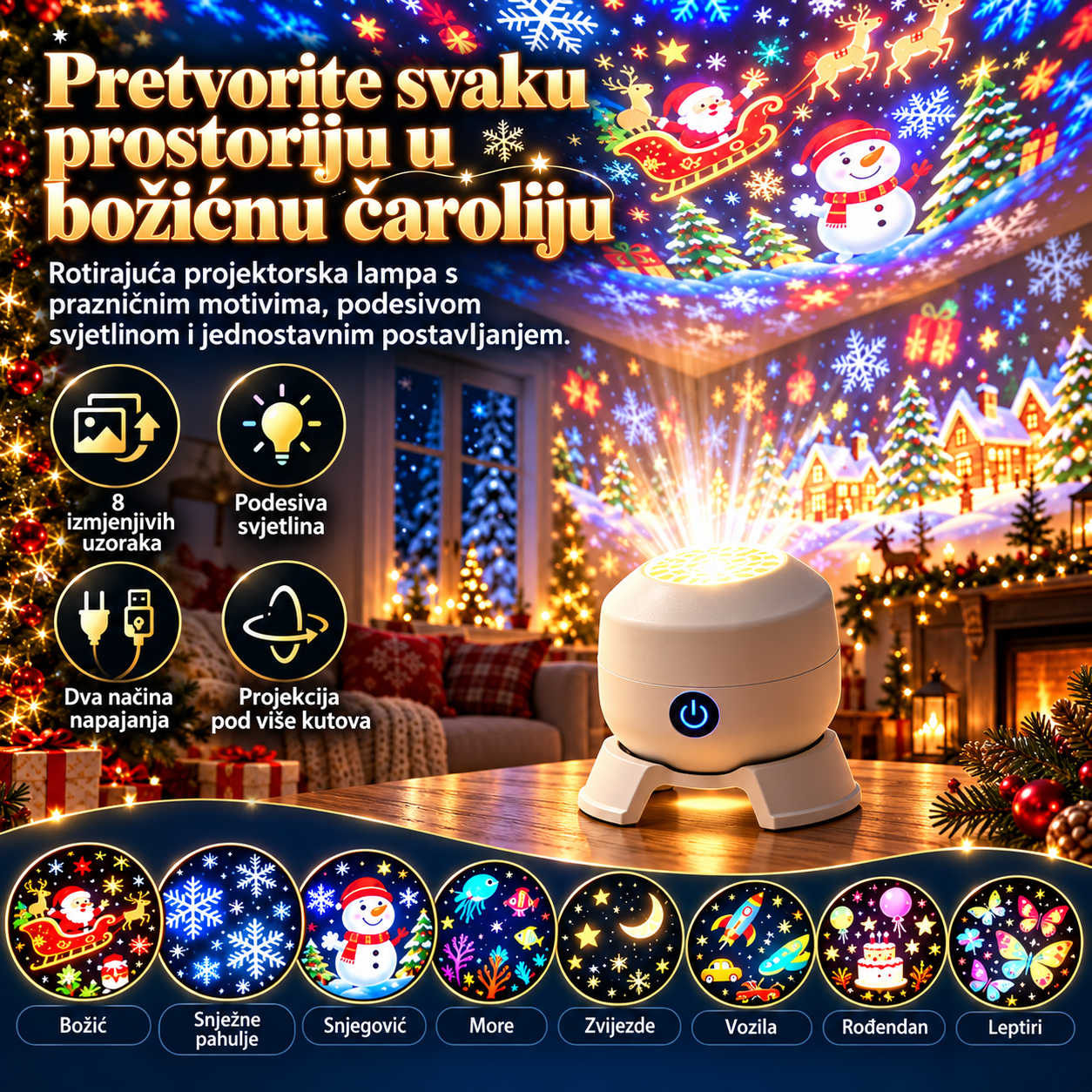 ✨ Božićna rotirajuća projekcijska svjetiljka – 8 blagdanskih prizora 🎄