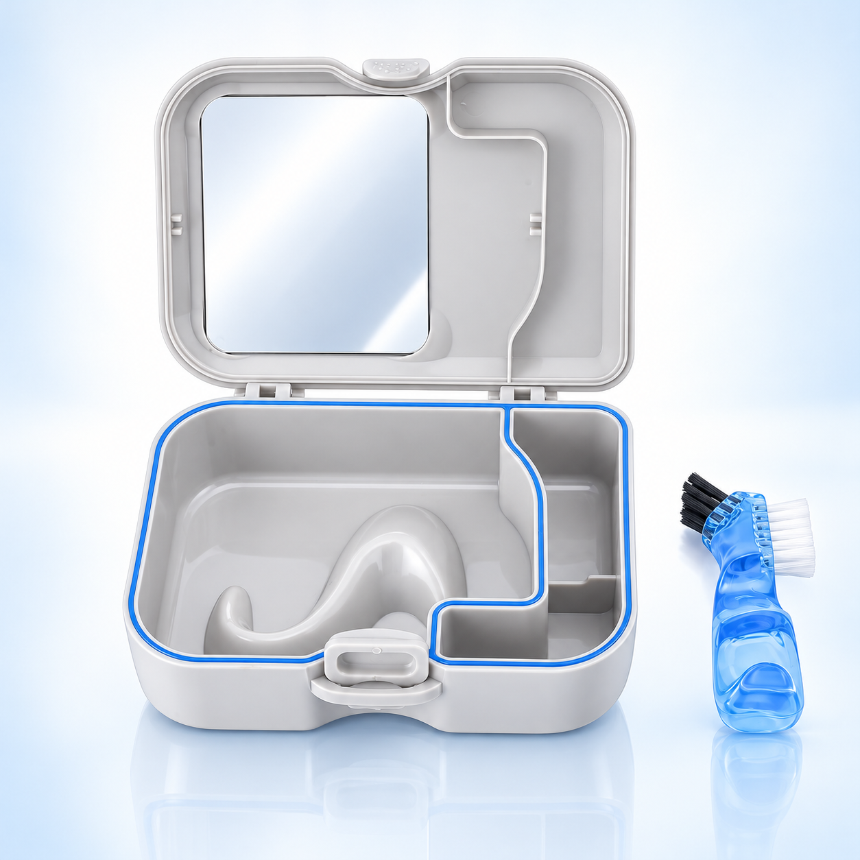 Denture Case with Mirror and Brushing Box – Large Leak-Proof Storage Case for Dentures, Retainers, and Aligners