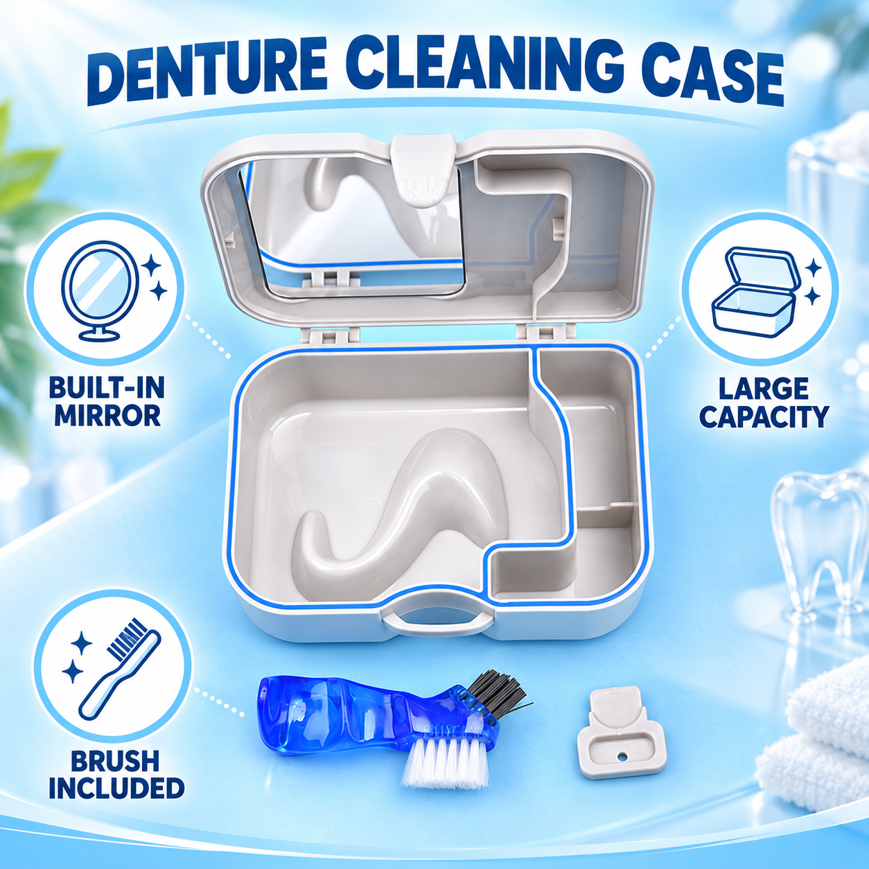 Denture Case with Mirror and Brushing Box – Large Leak-Proof Storage Case for Dentures, Retainers, and Aligners