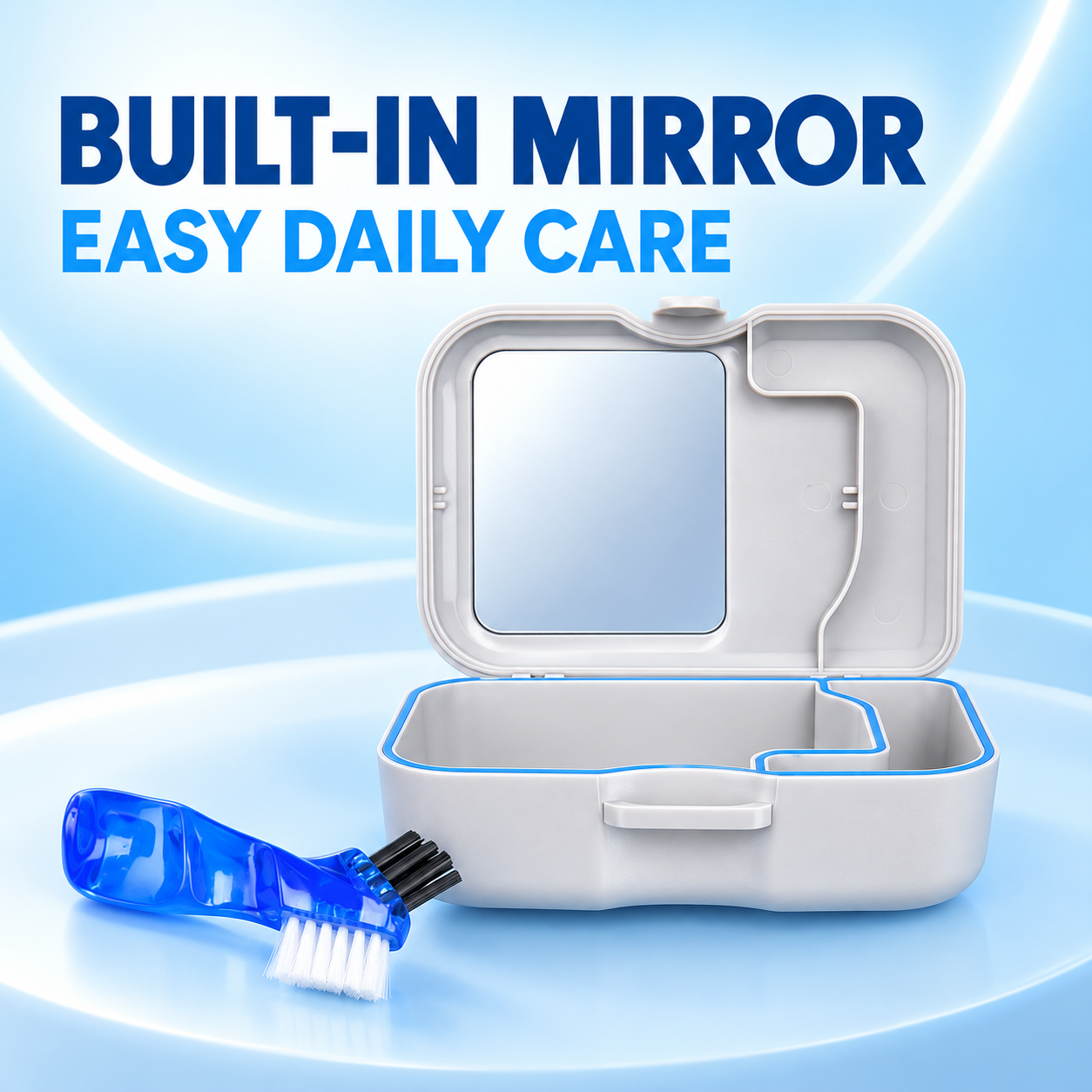 Denture Case with Mirror and Brushing Box – Large Leak-Proof Storage Case for Dentures, Retainers, and Aligners