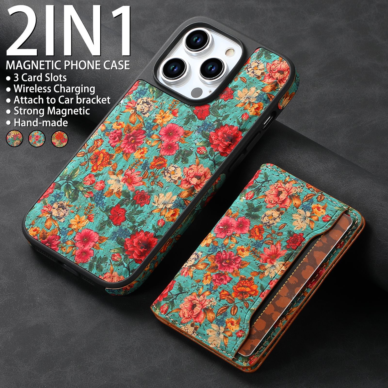 Floral Leather Magsafe Card Wallet Mobile Phone Case for Apple iPhone