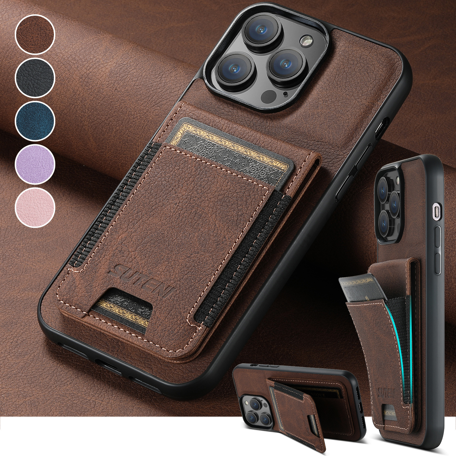 Luxury Leather Business Card Wallet Mobile Phone Case for Apple iPhone