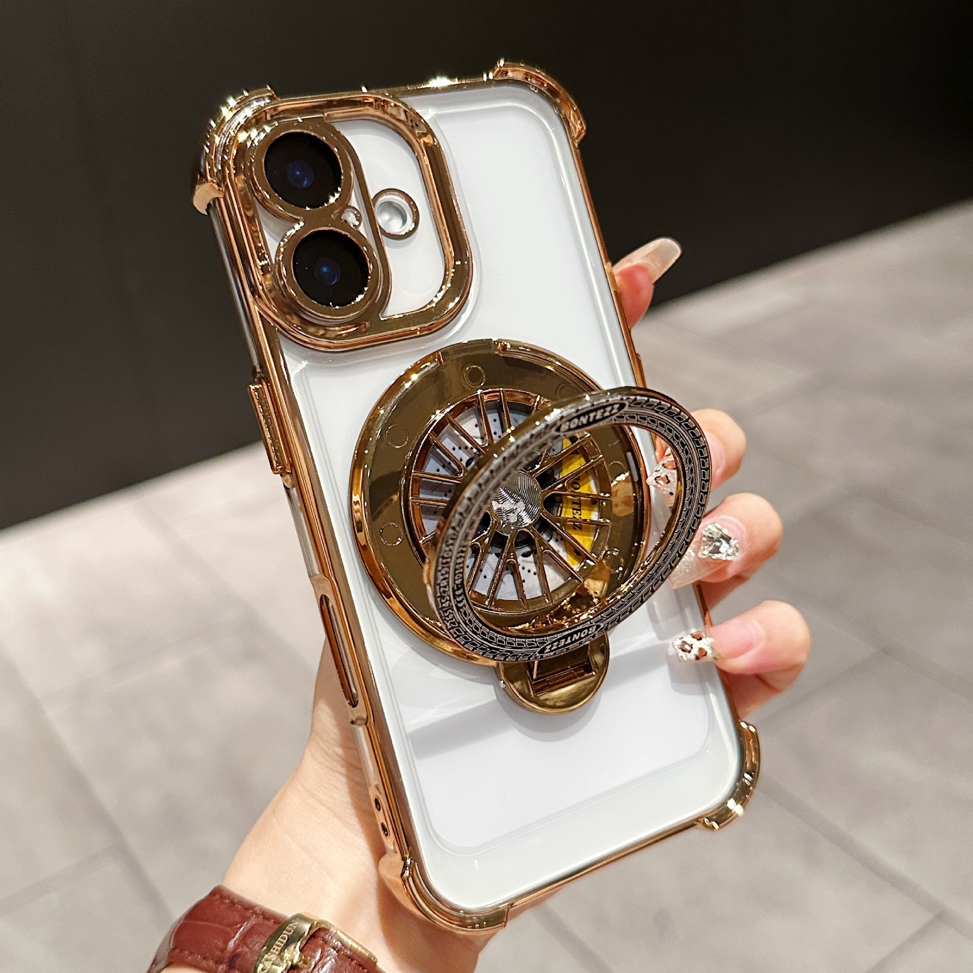 Acrylic Four-corner Anti-fall Creative Gyro Rotating Bracket Mobile Phone Case for Apple iPhone