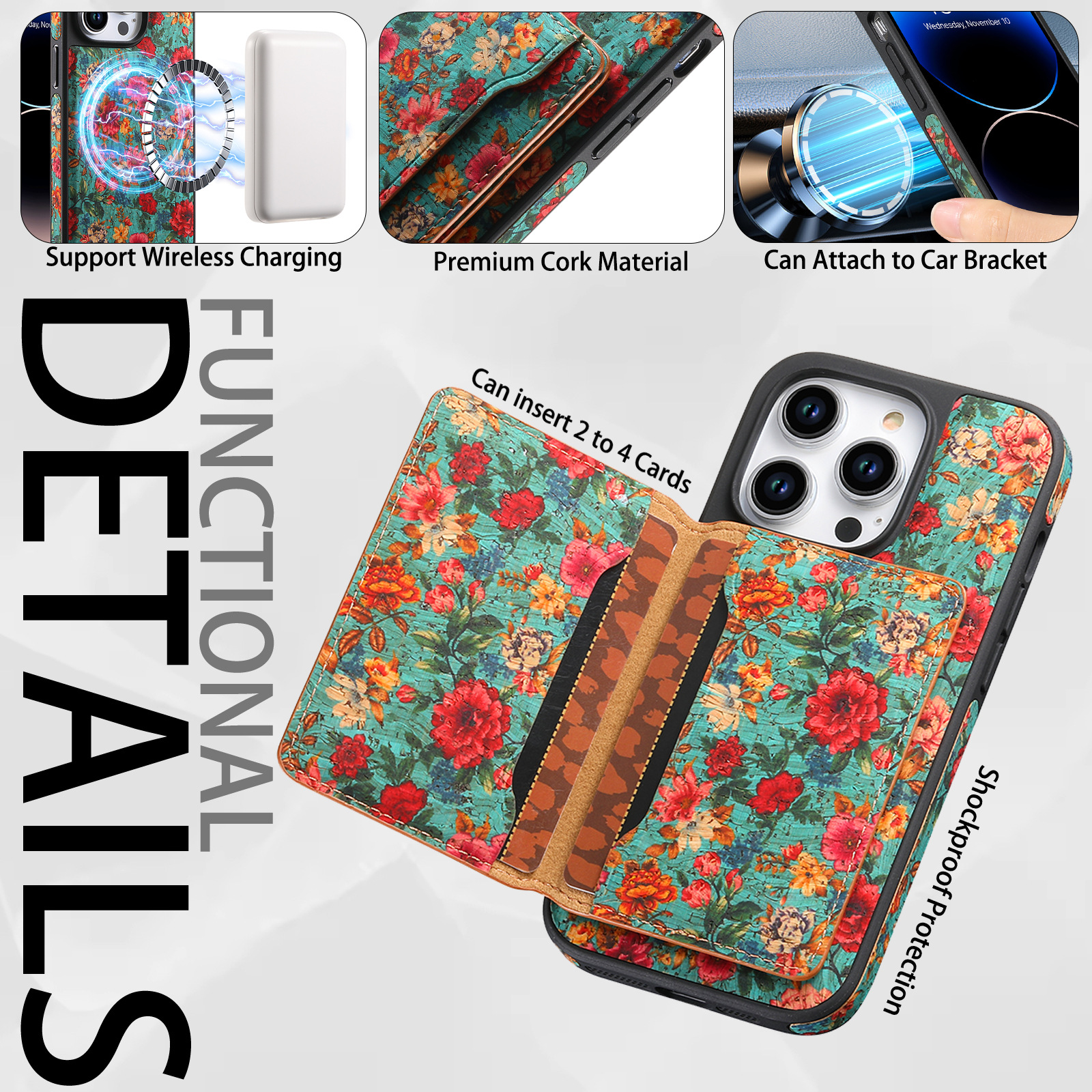 Floral Leather Magsafe Card Wallet Mobile Phone Case for Apple iPhone
