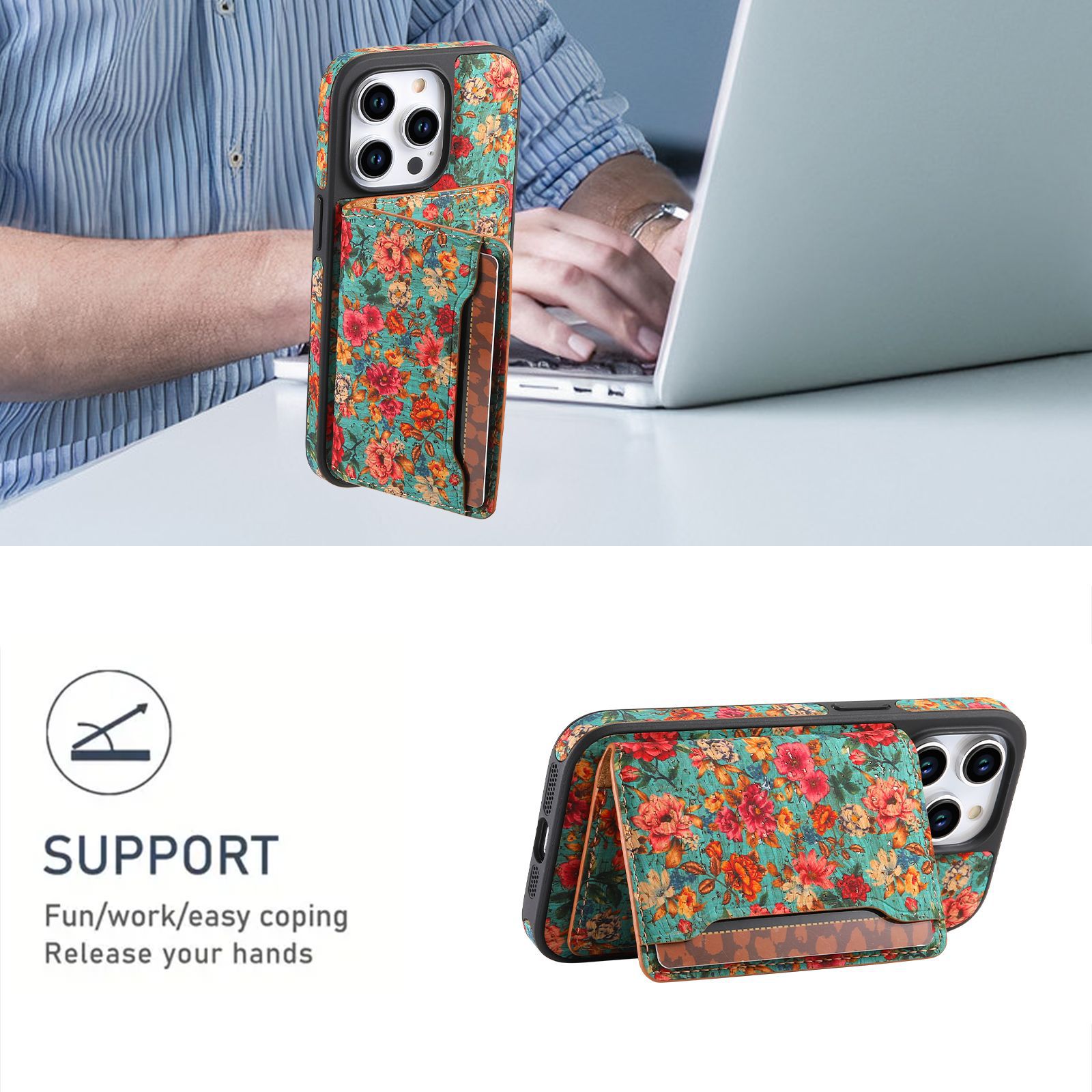 Floral Leather Magsafe Card Wallet Mobile Phone Case for Apple iPhone