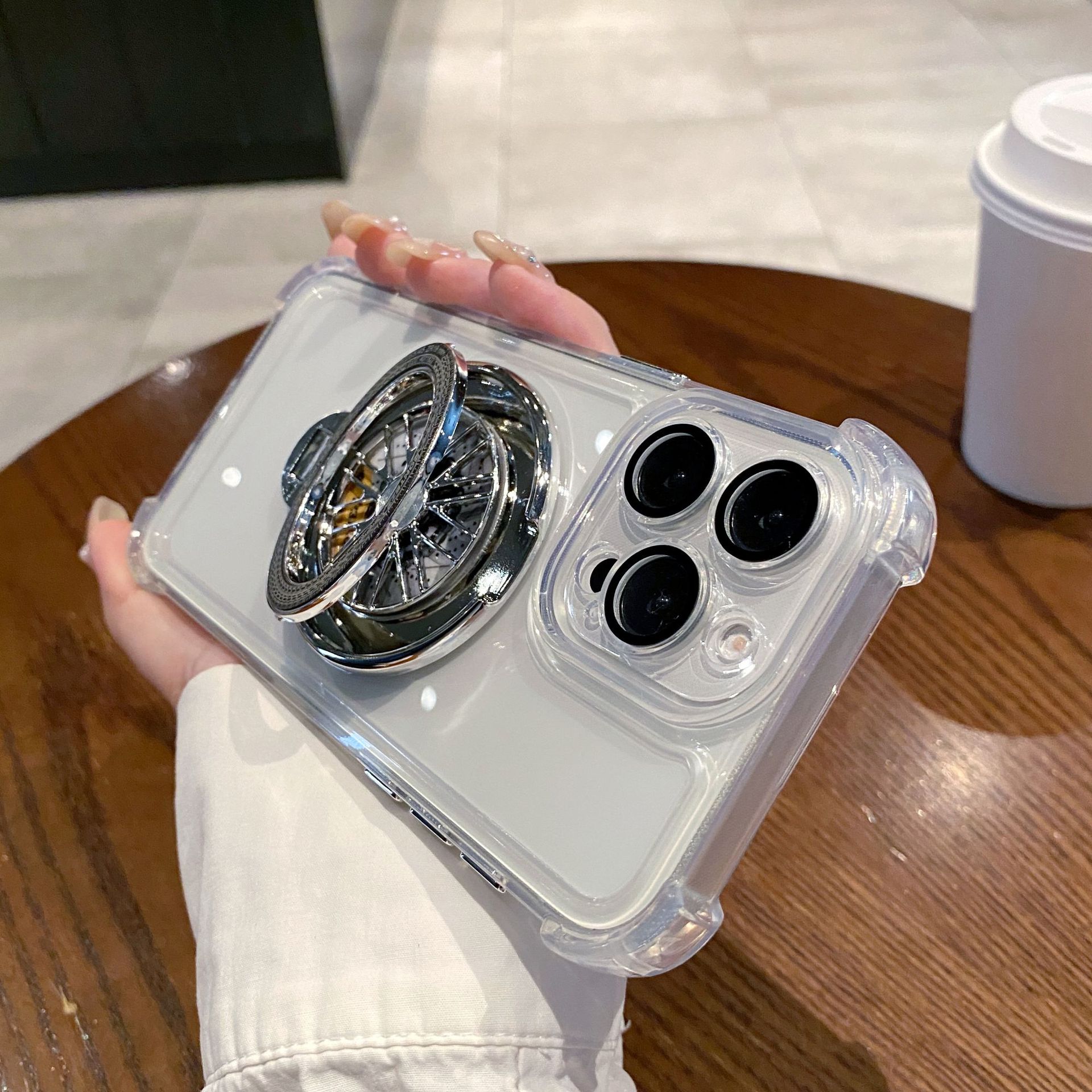 Acrylic Four-corner Anti-fall Creative Gyro Rotating Bracket Mobile Phone Case for Apple iPhone