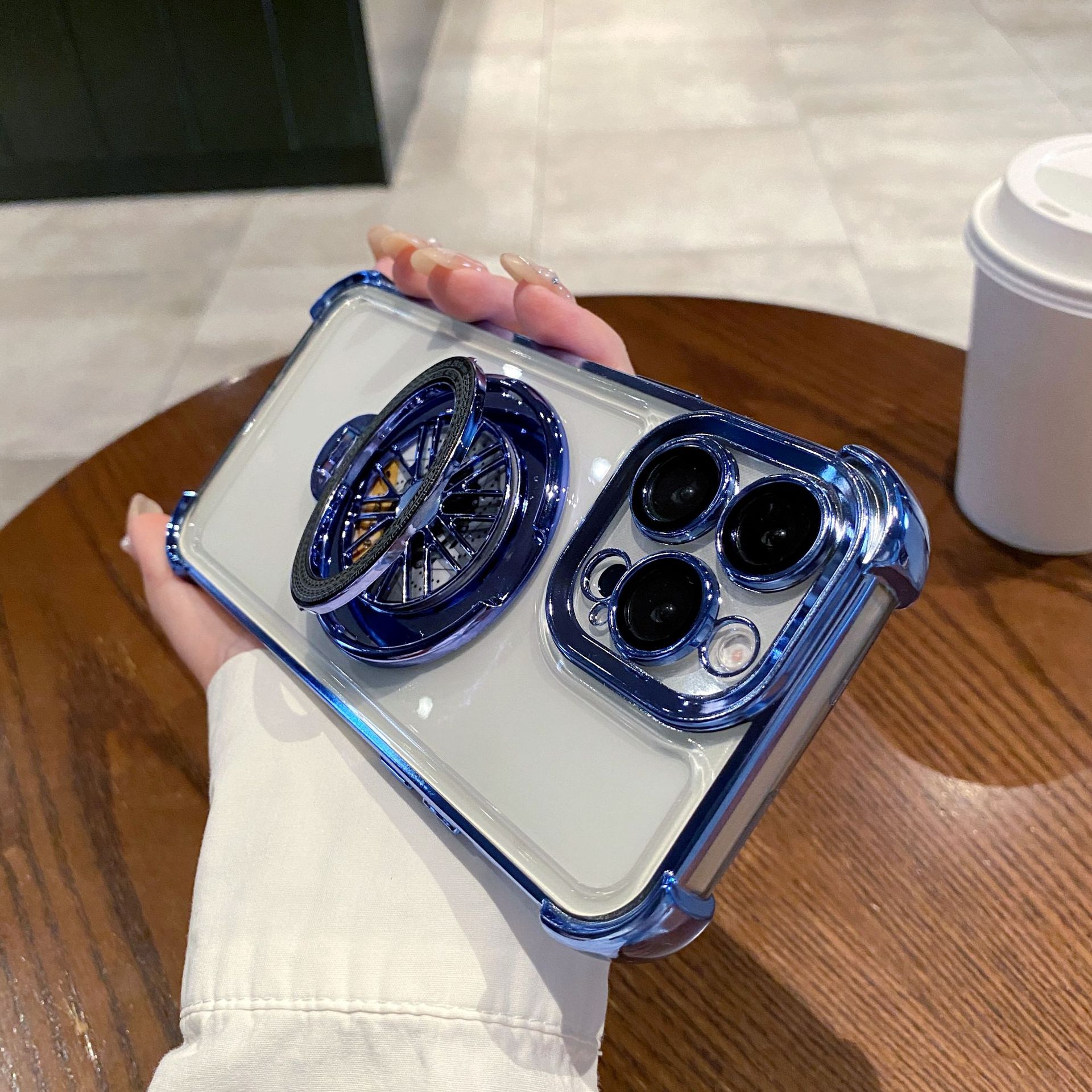 Acrylic Four-corner Anti-fall Creative Gyro Rotating Bracket Mobile Phone Case for Apple iPhone