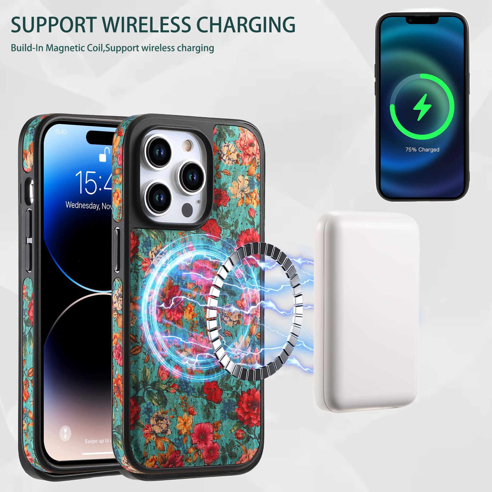 Floral Leather Magsafe Card Wallet Mobile Phone Case for Apple iPhone