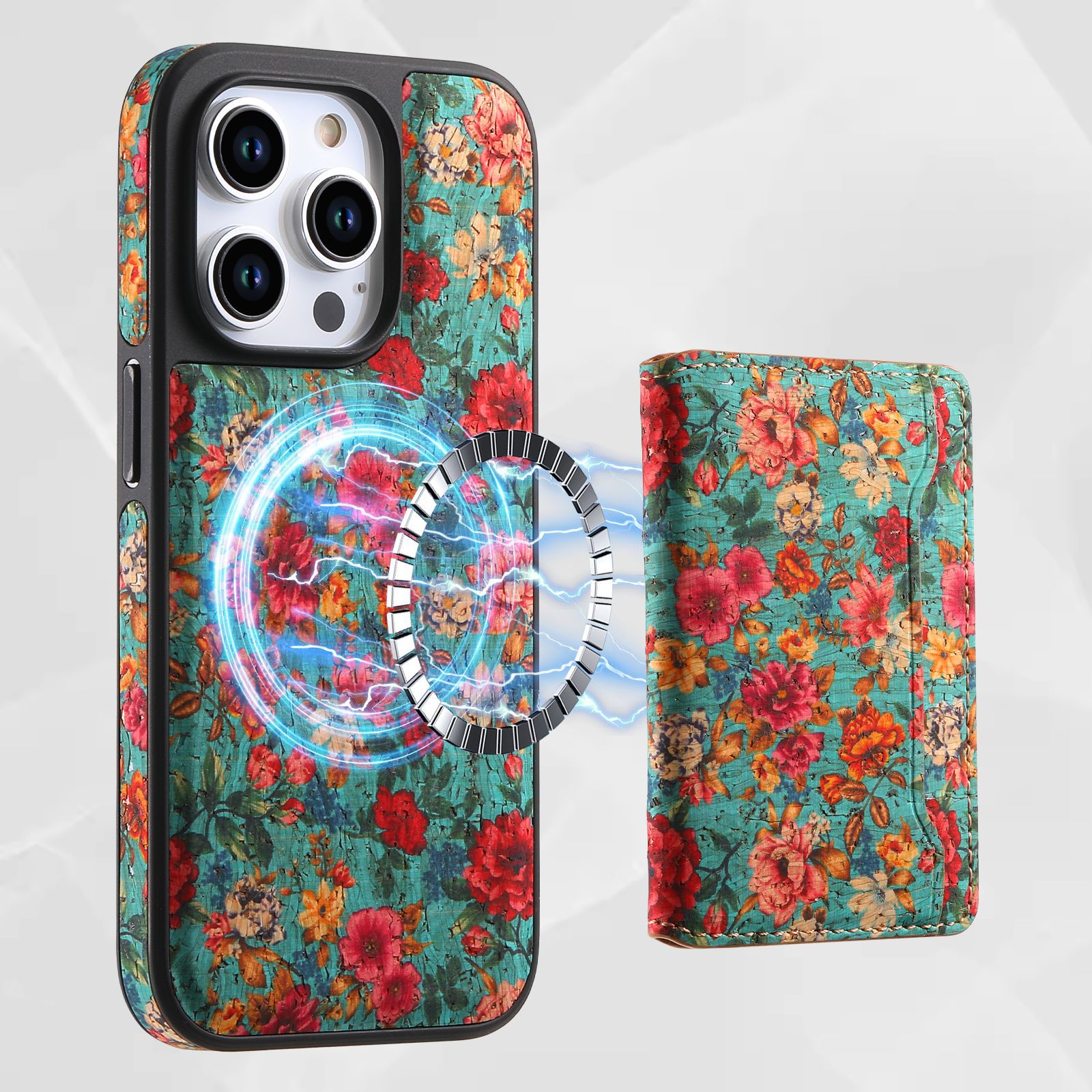 Floral Leather Magsafe Card Wallet Mobile Phone Case for Apple iPhone