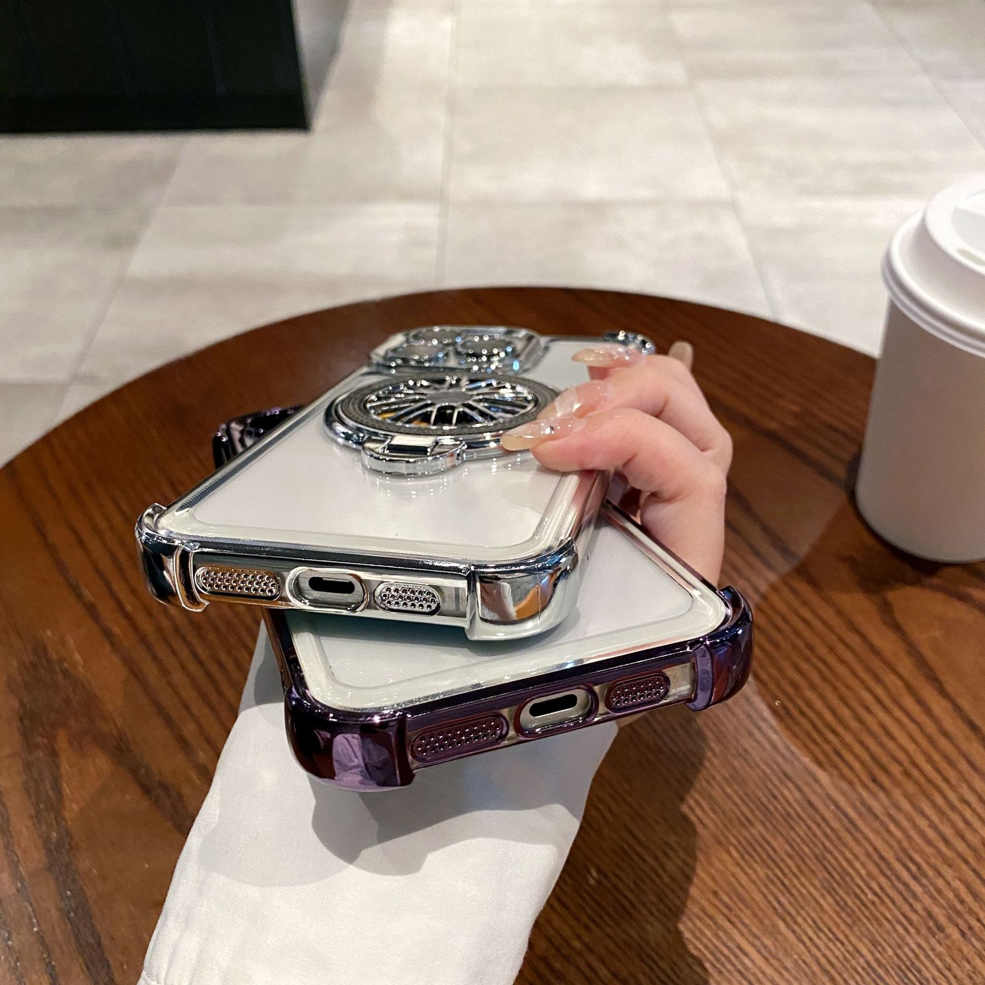Acrylic Four-corner Anti-fall Creative Gyro Rotating Bracket Mobile Phone Case for Apple iPhone