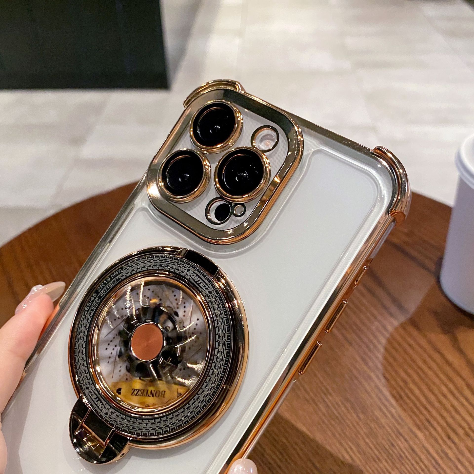 Acrylic Four-corner Anti-fall Creative Gyro Rotating Bracket Mobile Phone Case for Apple iPhone