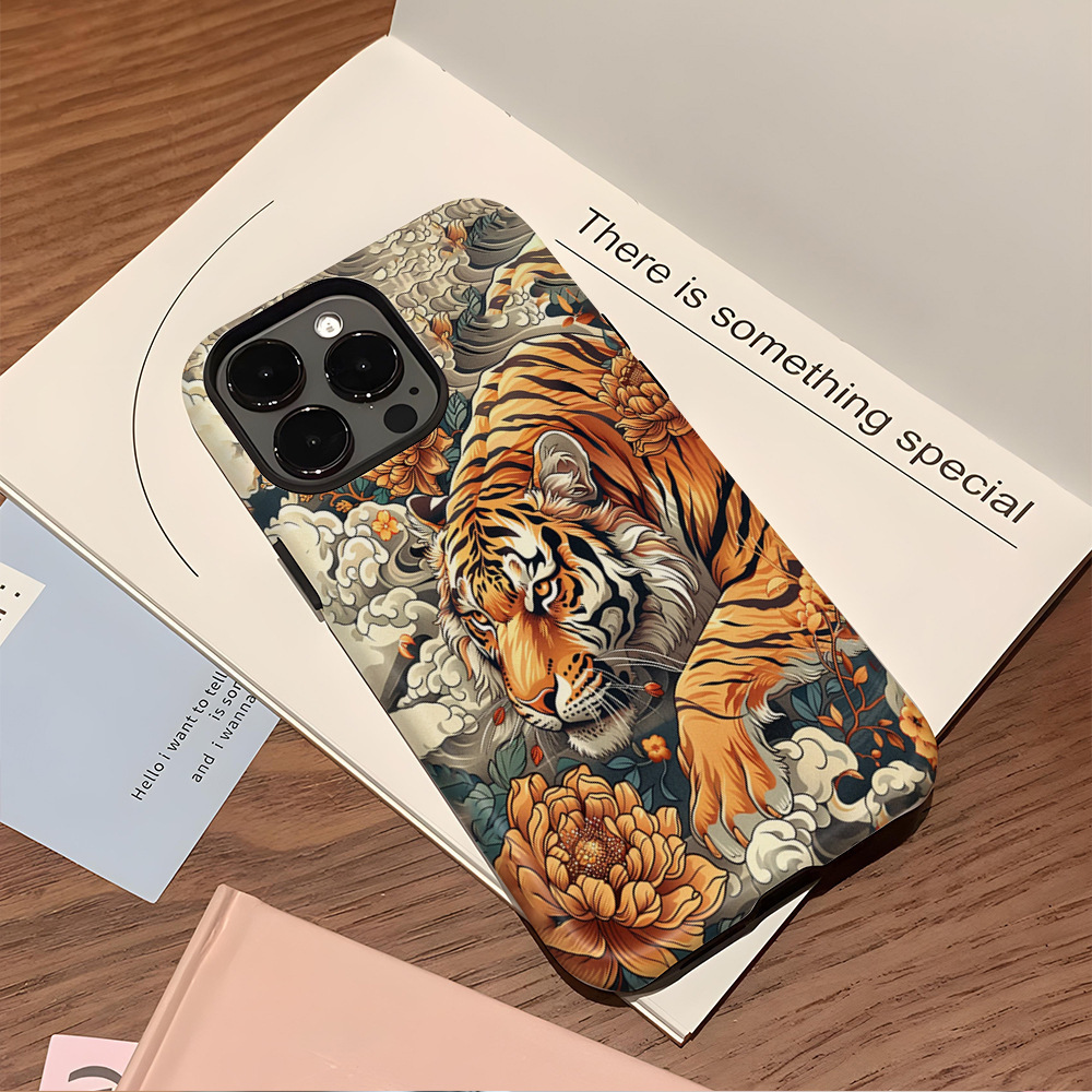 Creative Tiger Apple 15promax phone case iPhone14 Art 13Pro Double Film 16 drop case