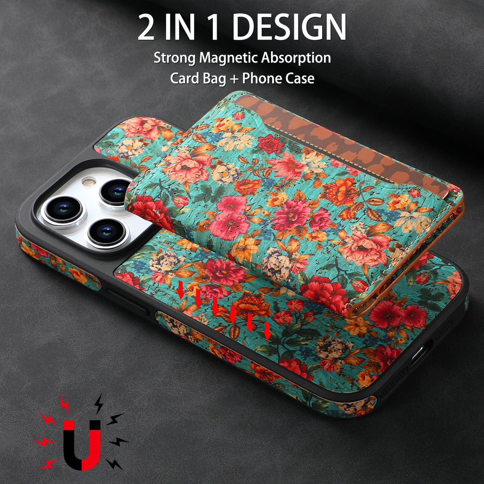 Floral Leather Magsafe Card Wallet Mobile Phone Case for Apple iPhone