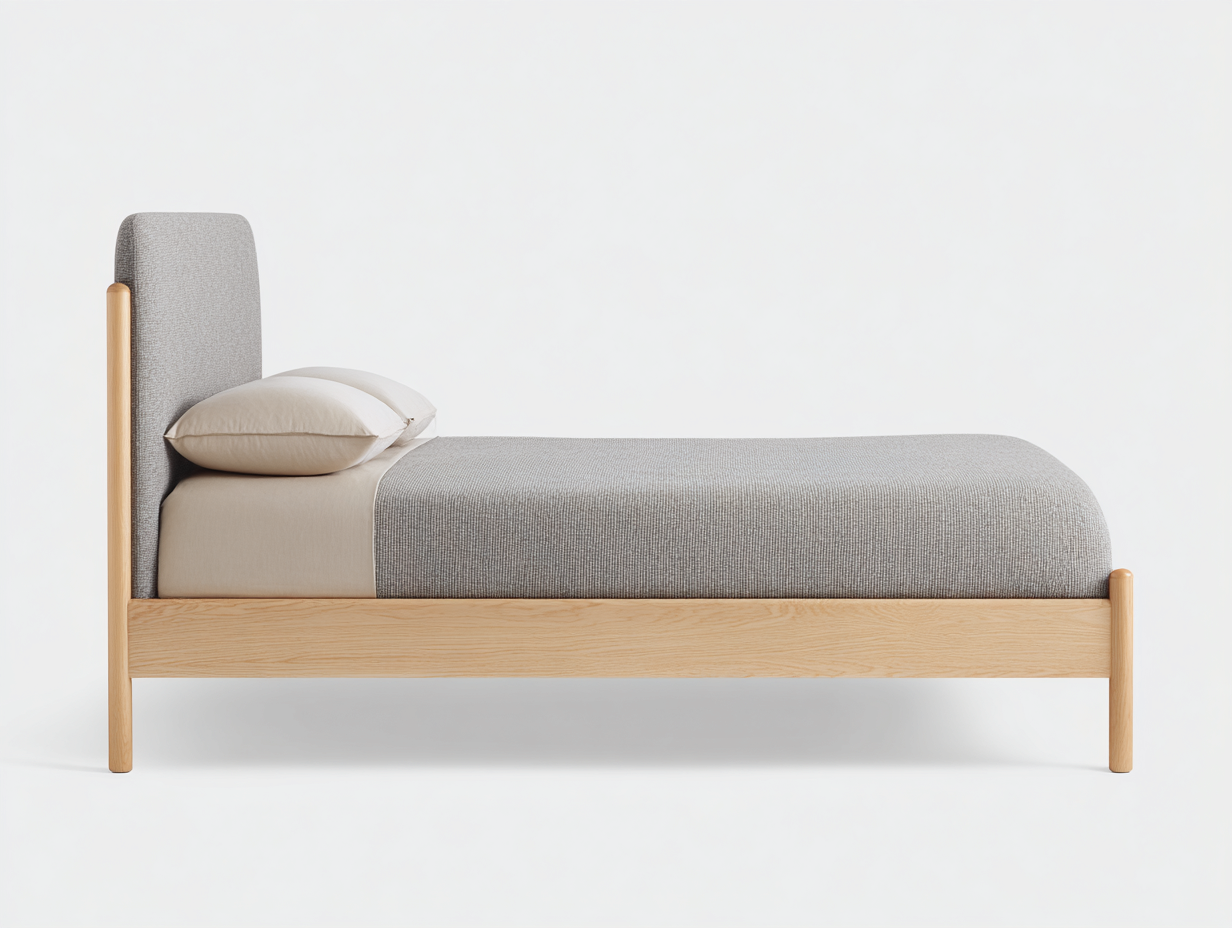 Bett-Holz-Stoff-208×104×101 cm-Hellholz/Grau-gepolstertes Kopfteil fürs Gästezimmer-Kanorvahouse