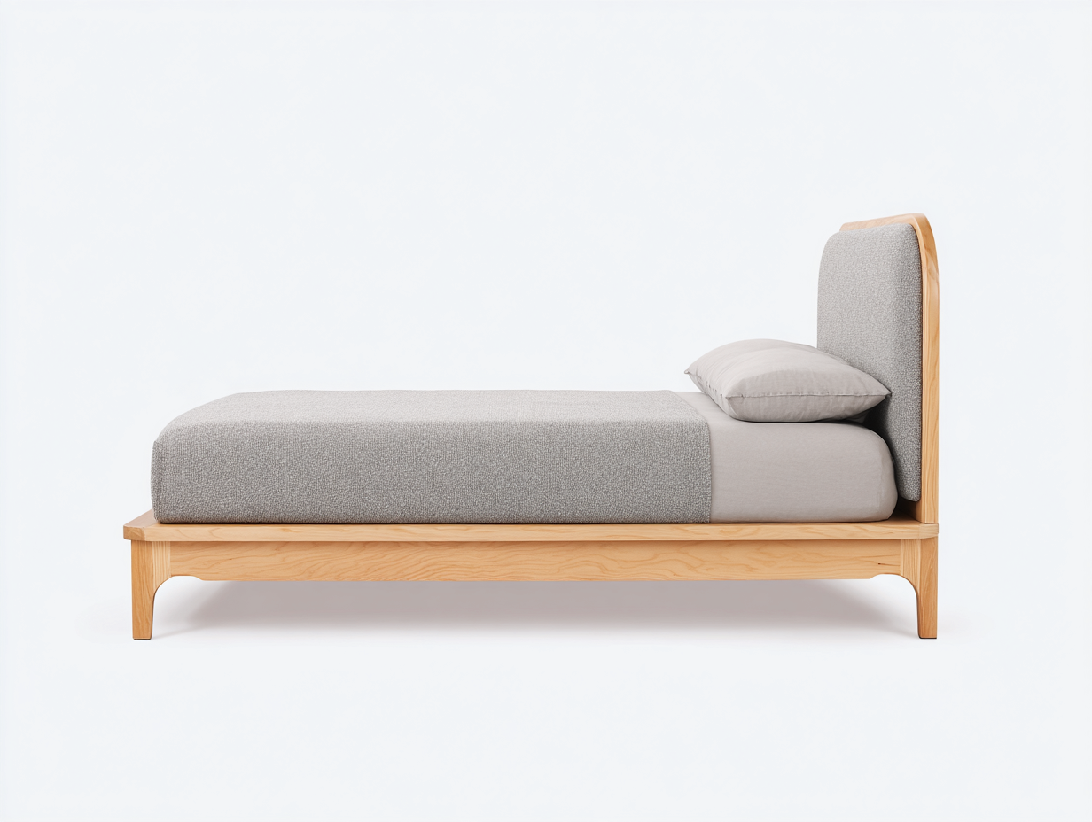 Bett-Holz-Stoff-210×105×98 cm-Hellholz/Grau-niedriger Rahmen mit Polsterkopfteil fürs Gästezimmer-Kanorvahouse
