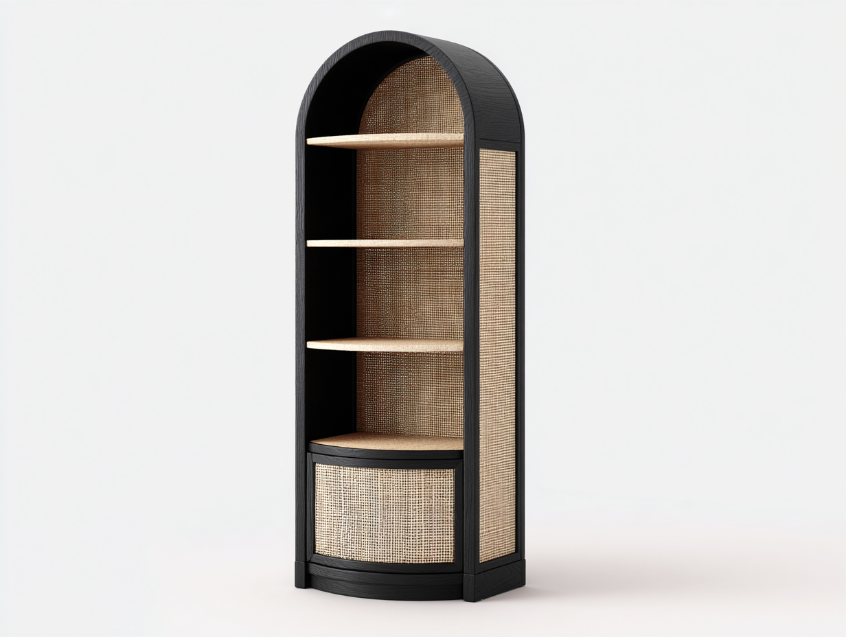 Bücherregal-Holz-Rattan-67×39×185 cm-Schwarz/Natur-Bogendesign fürs Arbeitszimmer-Kanorvahouse