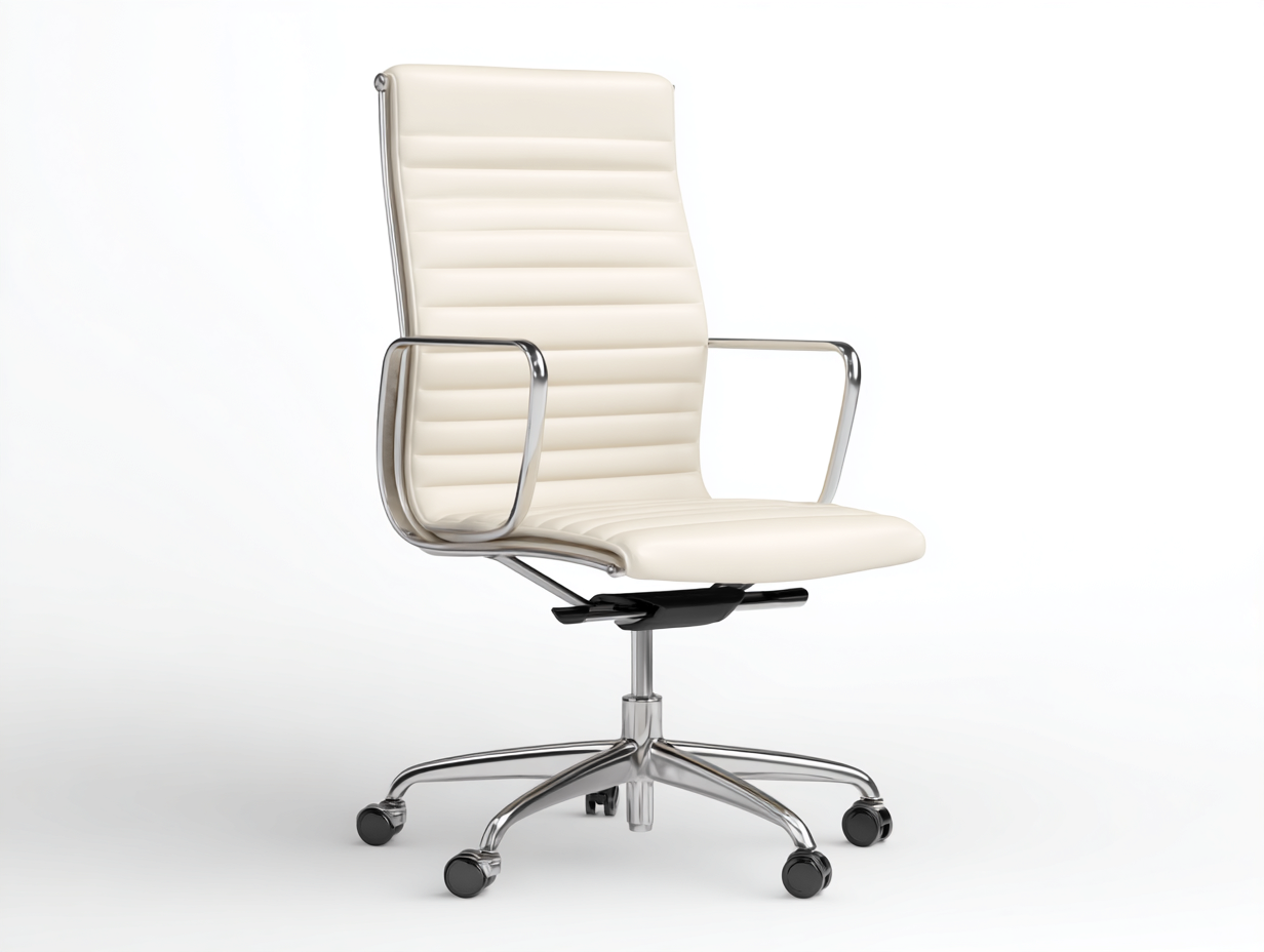 Computerstuhl-Leder-Chrom-65×67×112–122 cm-Elfenbeinweiß/Silber-hohe Stepplehne mit Rahmenarmlehnen fürs Homeoffice-Kanorvahouse
