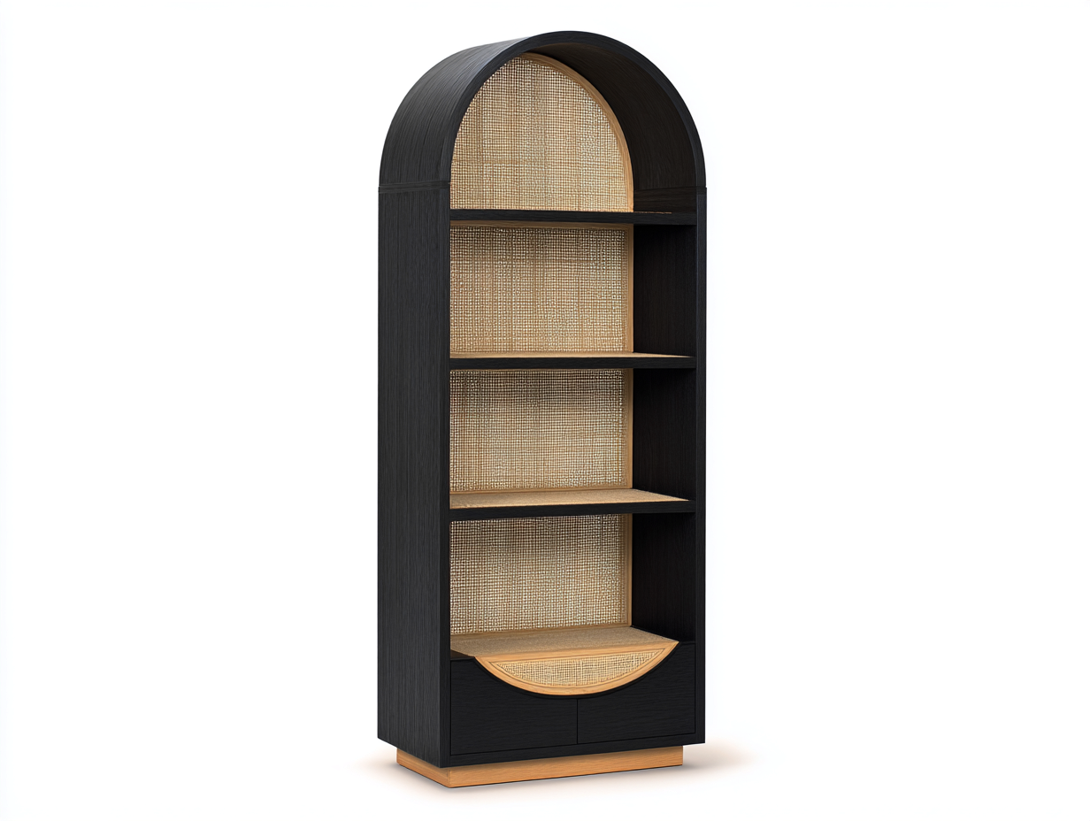 Bücherregal-Holz-Rattan-75×40×195 cm-Schwarz/Naturfarben-gewölbter Hochschrank mit Schubladen fürs Arbeitszimmer-Kanorvahouse
