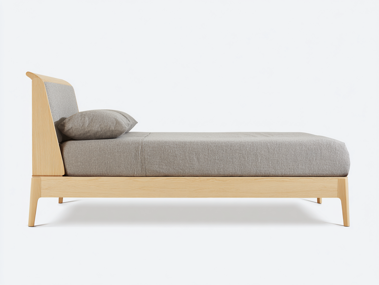 Bett-Holz-Stoff-90×200 cm-Natur/Grau-Einzelbett mit gepolstertem Kopfteil fürs Gästezimmer-Kanorvahouse