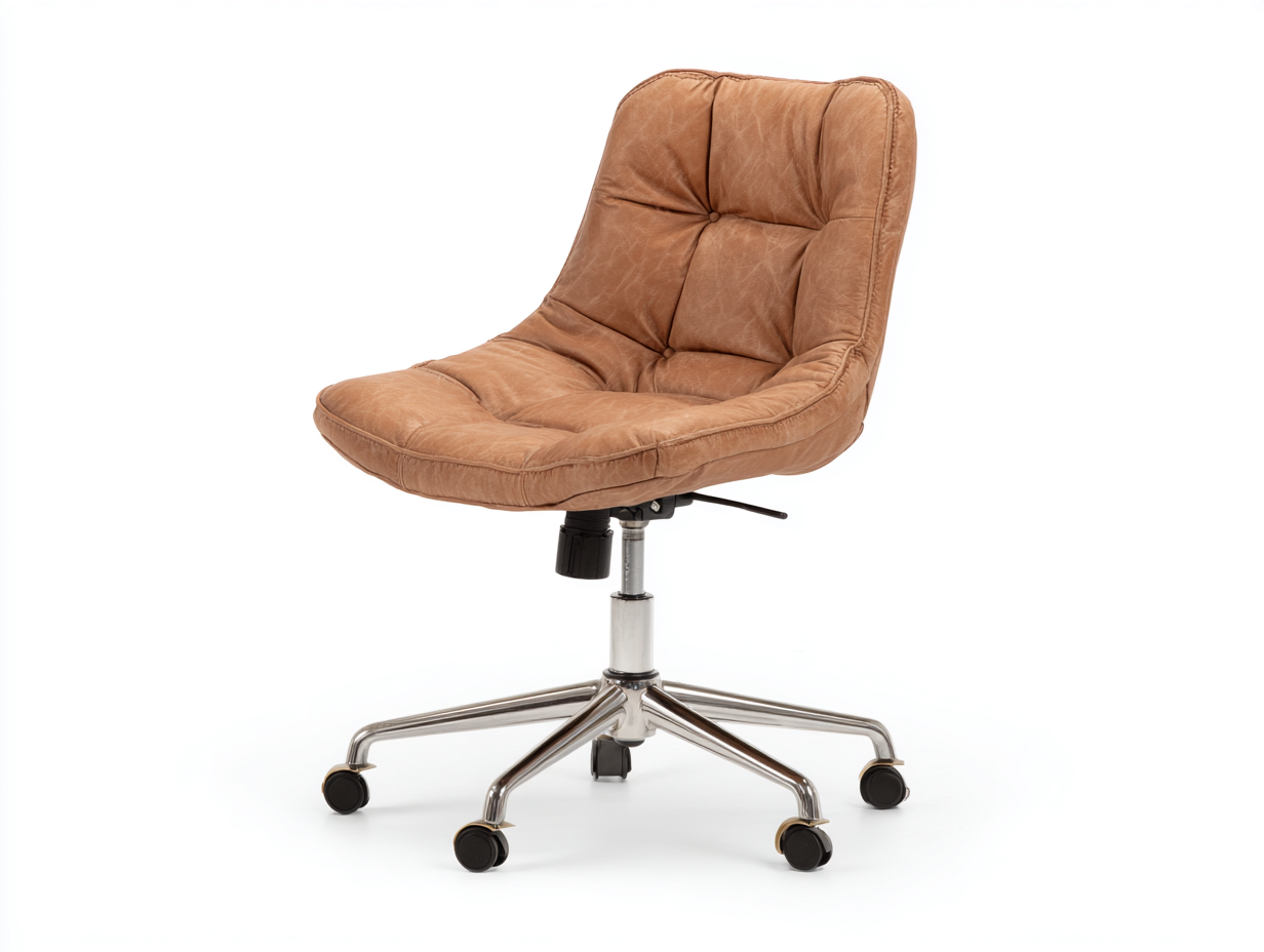 Computerstuhl-Kunstleder und Metall-64×62×86–96 cm-Karamellbraun/Chrom-gepolsterte Sitzschale mit Rollen fürs Homeoffice-Kanorvahouse